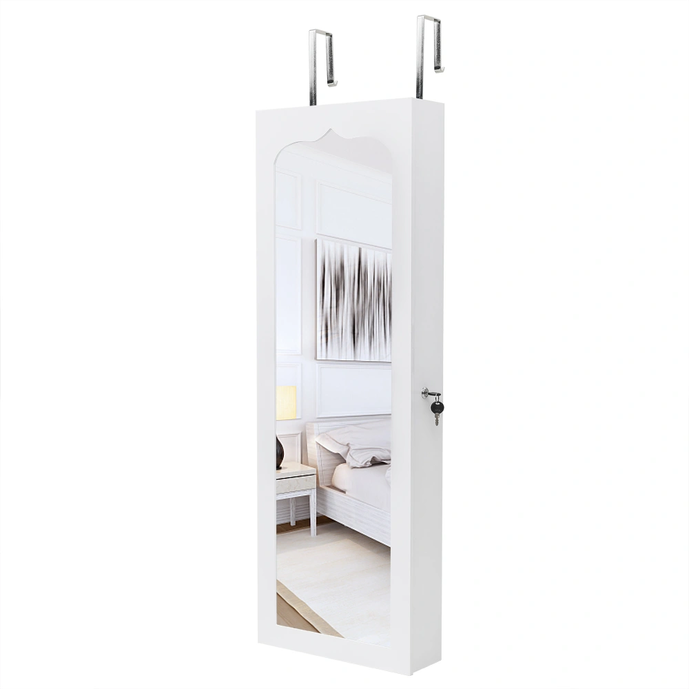 White Wooden Wall Mounted Jewelry Cabinet - 4 Layer Shelf, 6 Drawers, 8 LED Lights with Mirror