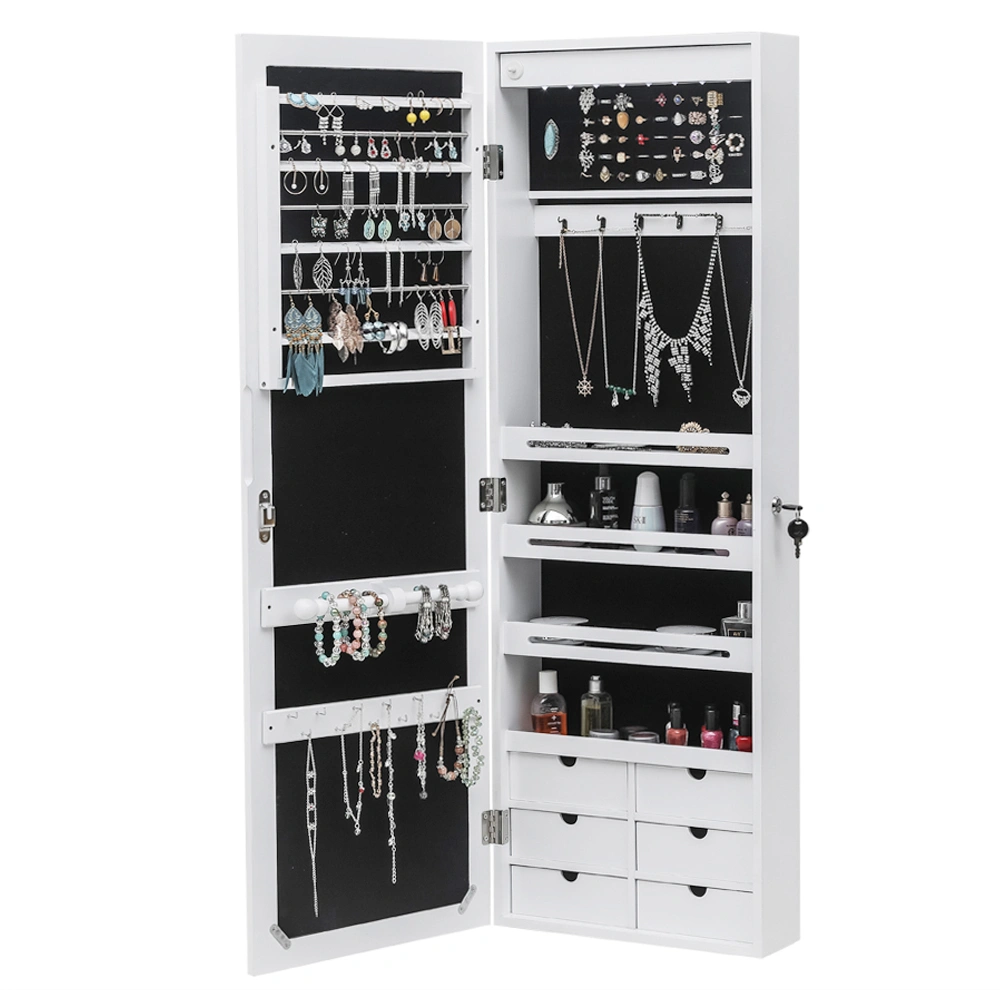 White Wooden Wall Mounted Jewelry Cabinet - 4 Layer Shelf, 6 Drawers, 8 LED Lights with Mirror view 2