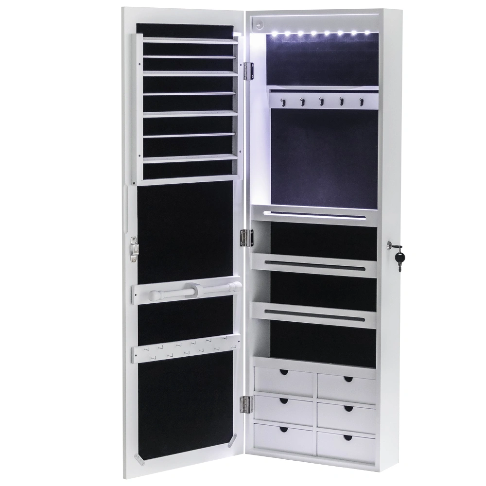 White Wooden Wall Mounted Jewelry Cabinet - 4 Layer Shelf, 6 Drawers, 8 LED Lights with Mirror view 3