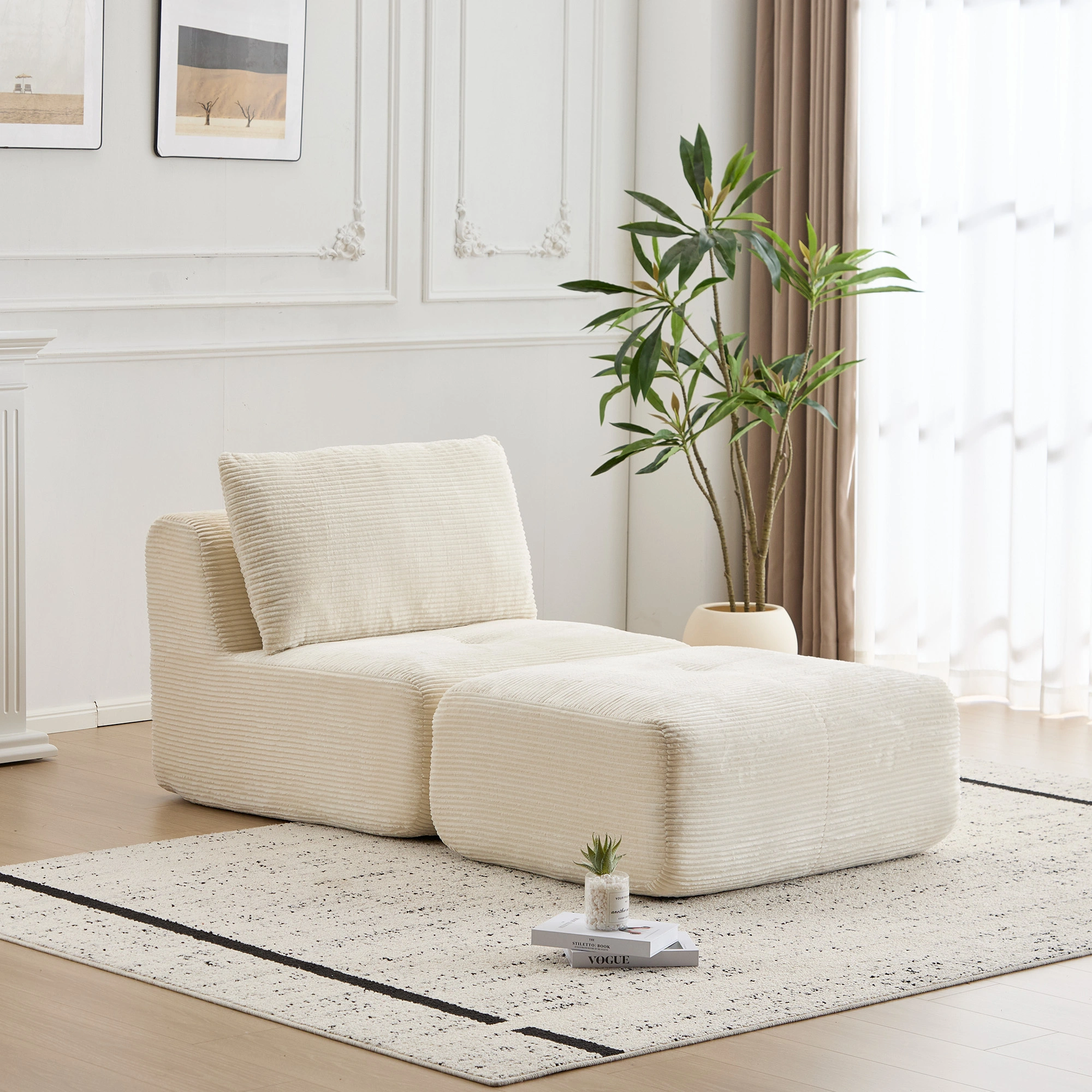 Modern Memory Foam Chaise Sectional Sofa with Ottoman, Pet-Friendly Cloud Modular Couch, Beige Corduroy, No Assembly Required