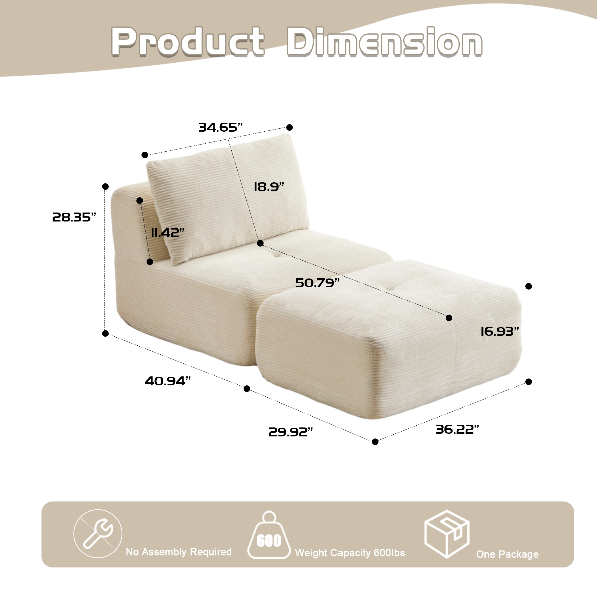 Modern Memory Foam Chaise Sectional Sofa with Ottoman, Pet-Friendly Cloud Modular Couch, Beige Corduroy, No Assembly Required view 2