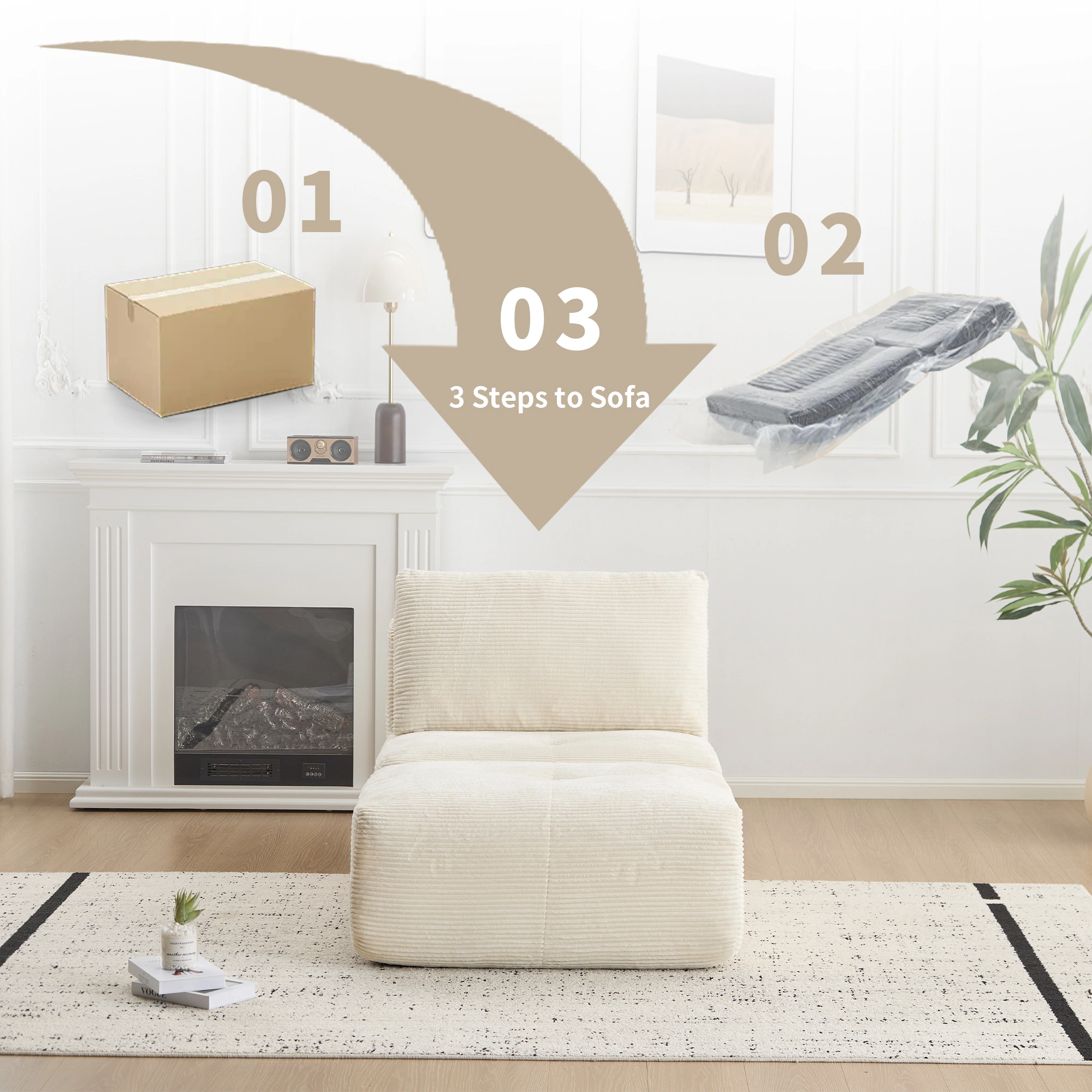 Modern Memory Foam Chaise Sectional Sofa with Ottoman, Pet-Friendly Cloud Modular Couch, Beige Corduroy, No Assembly Required view 5