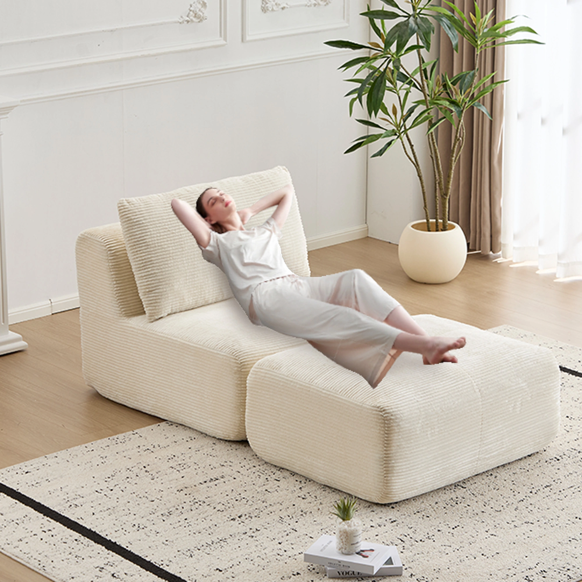 Modern Memory Foam Chaise Sectional Sofa with Ottoman, Pet-Friendly Cloud Modular Couch, Beige Corduroy, No Assembly Required view 6