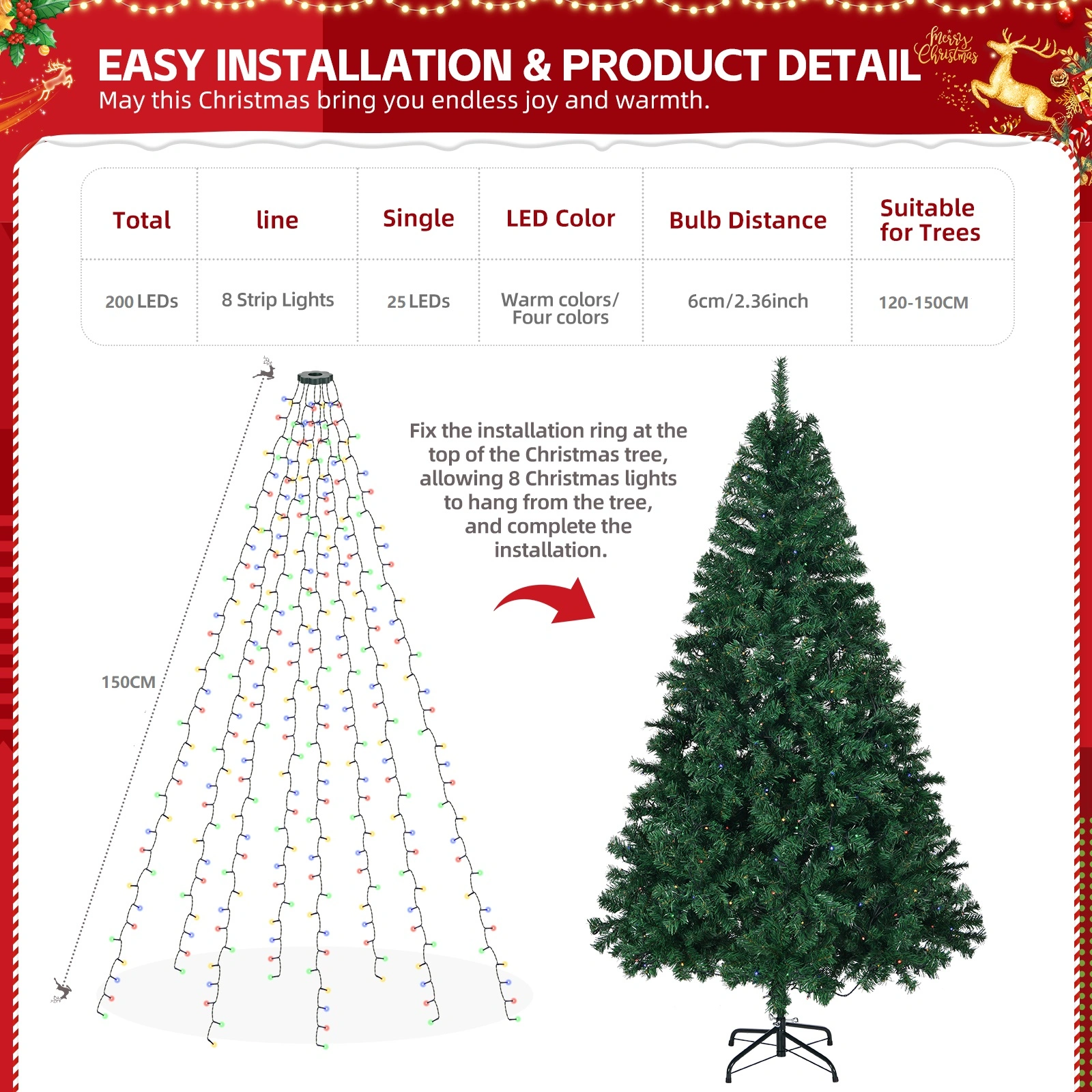 150cm Christmas Tree Lights with Ring, 200 LED Warm White & Colorful String Lights, 11 Modes with Remote for Holiday Party Decor view 3