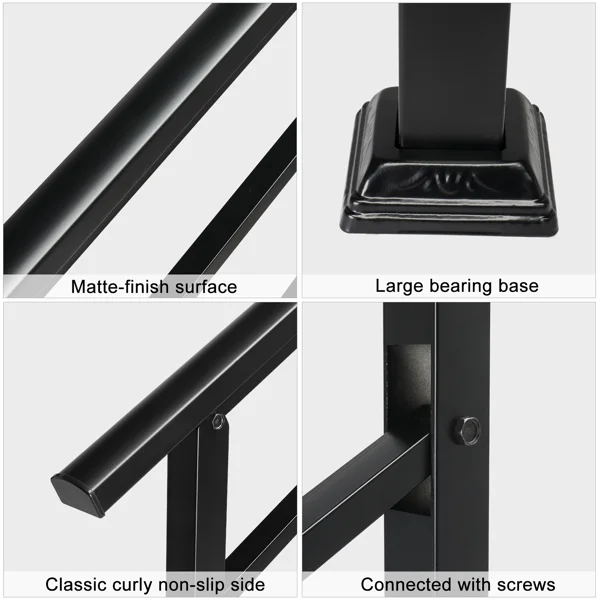 Handrails for Outdoor Steps, Wrought Iron Handrail Fits 1 or 3 Steps, Transitional Handrail with Installation Kit, Black view 4
