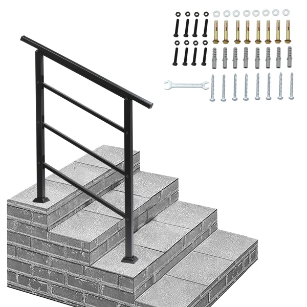 Handrails for Outdoor Steps, Wrought Iron Handrail Fits 1 or 3 Steps, Transitional Handrail with Installation Kit, Black view 5