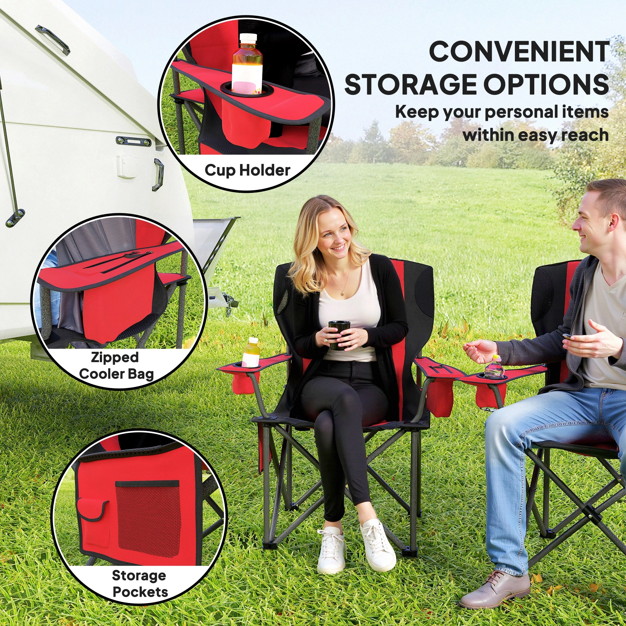 Double Folding Chair, Wide Portable Outdoor Chair, Heavy Duty Steel Frame, Easy Fold, Black Garden Party Seating view 4
