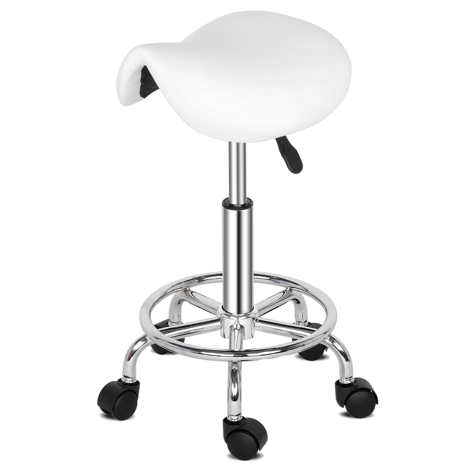 White Saddle Stool with Rotation, Ha Ha Feet Bar Stool, Swivel Height-Adjustable Seat