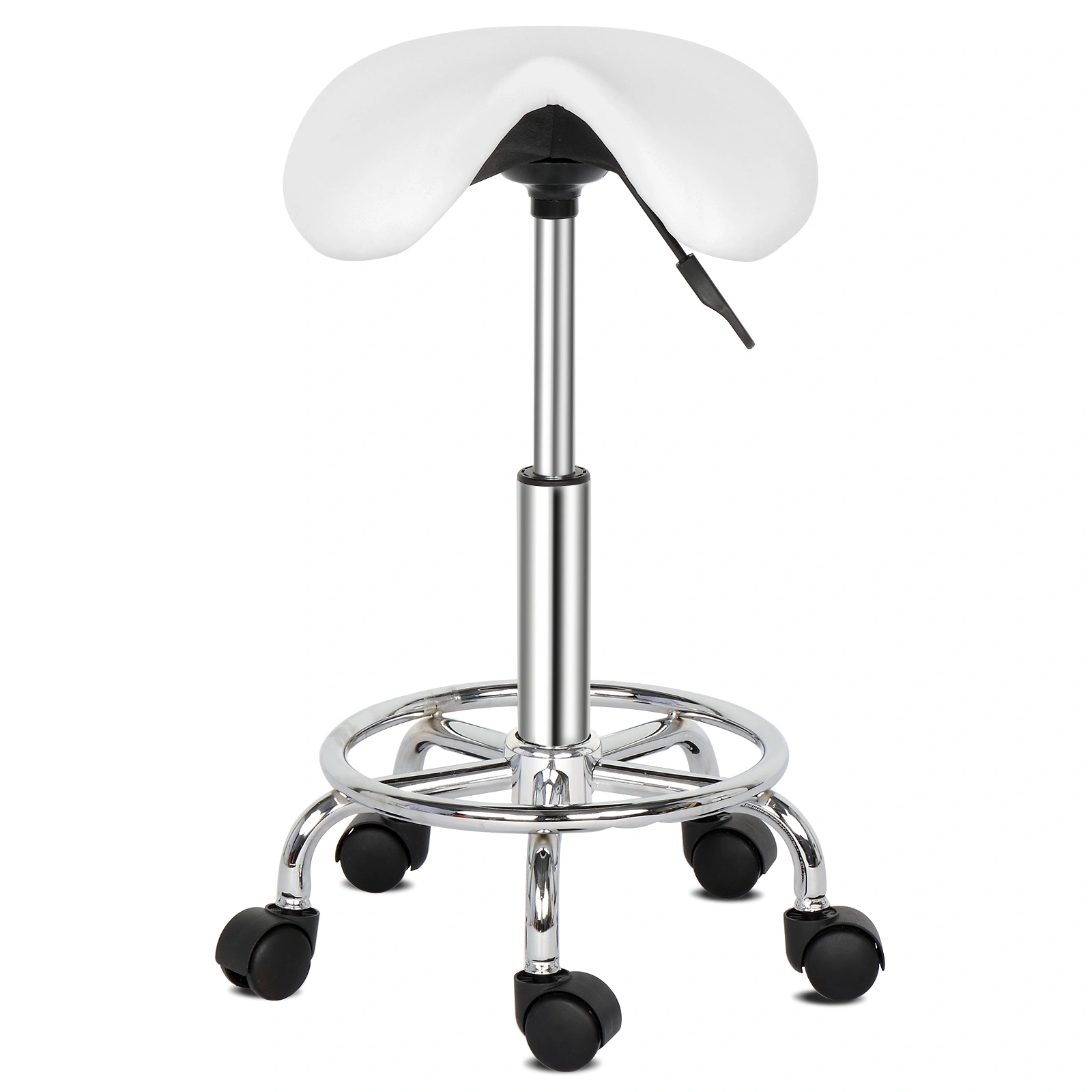White Saddle Stool with Rotation, Ha Ha Feet Bar Stool, Swivel Height-Adjustable Seat view 3