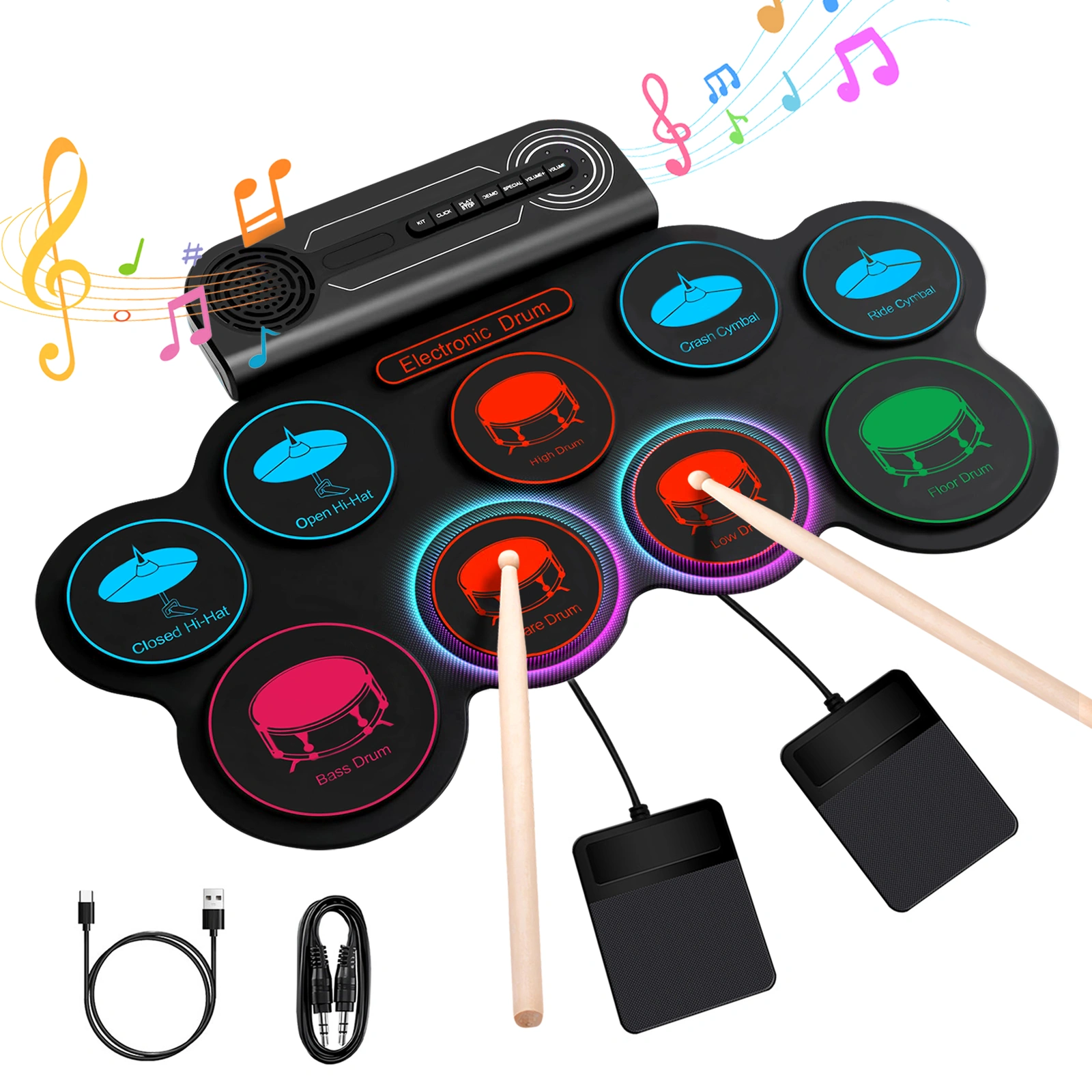 Tragbares Elektronisches Schlagzeug, 9 Drum Pads mit Metronom & Pedal, 8 Demos, Wiederaufladbar für Anfänger & Profis view 2