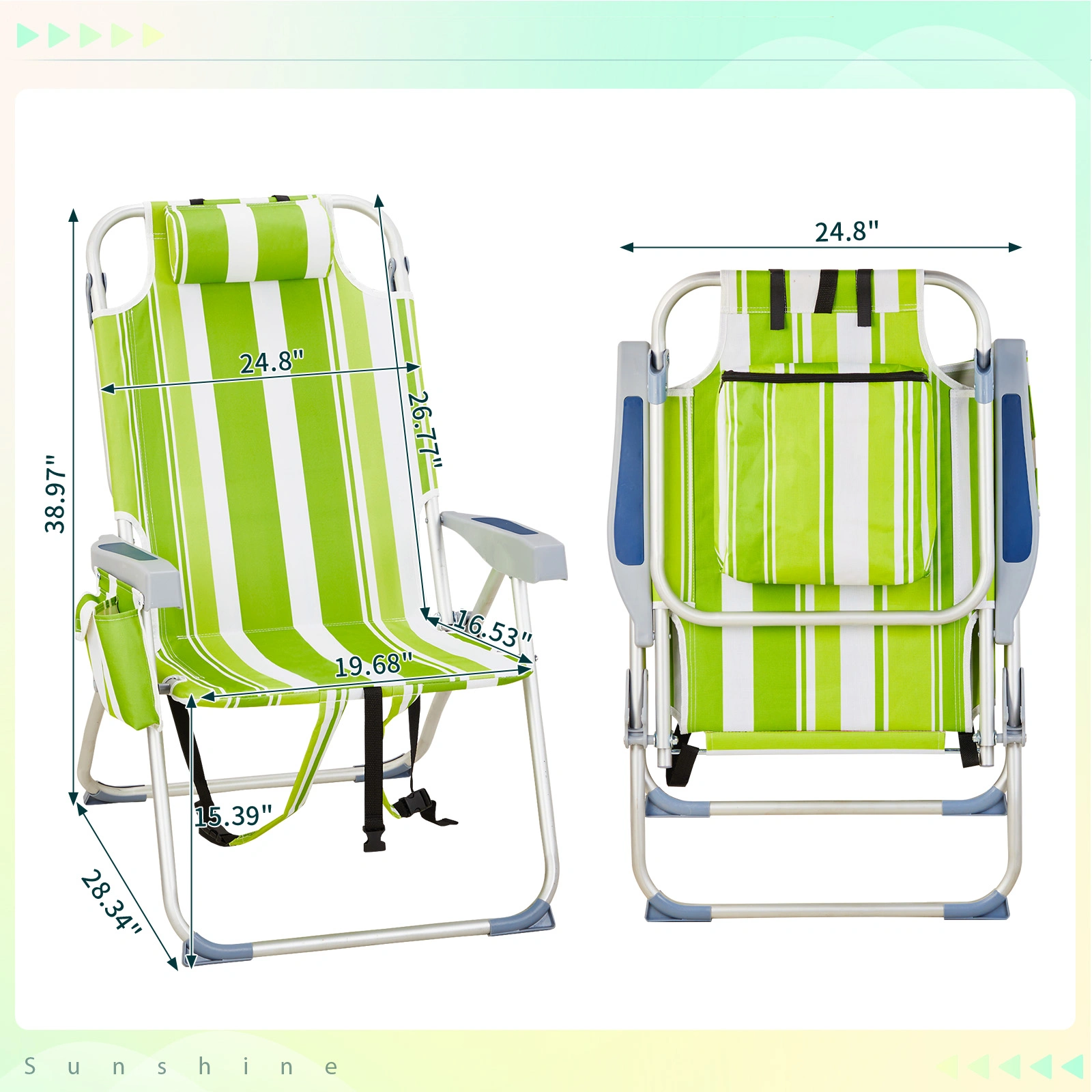 63*70*99cm Heightened Oxford Cloth Silver White Aluminum Tube Bearing 100kg Beach Chair Green Stripes view 15