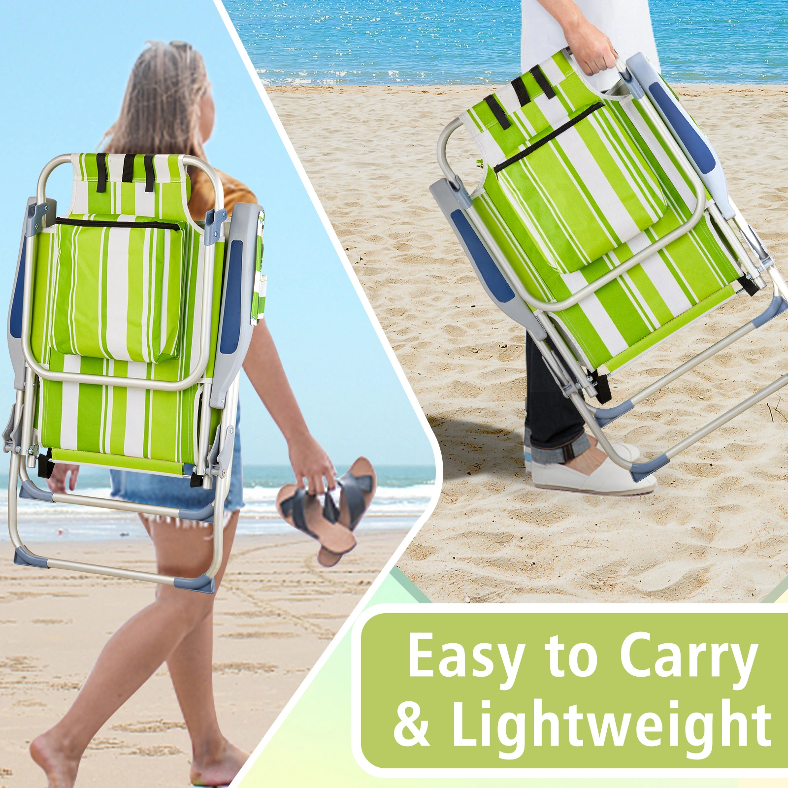 63*70*99cm Heightened Oxford Cloth Silver White Aluminum Tube Bearing 100kg Beach Chair Green Stripes view 6