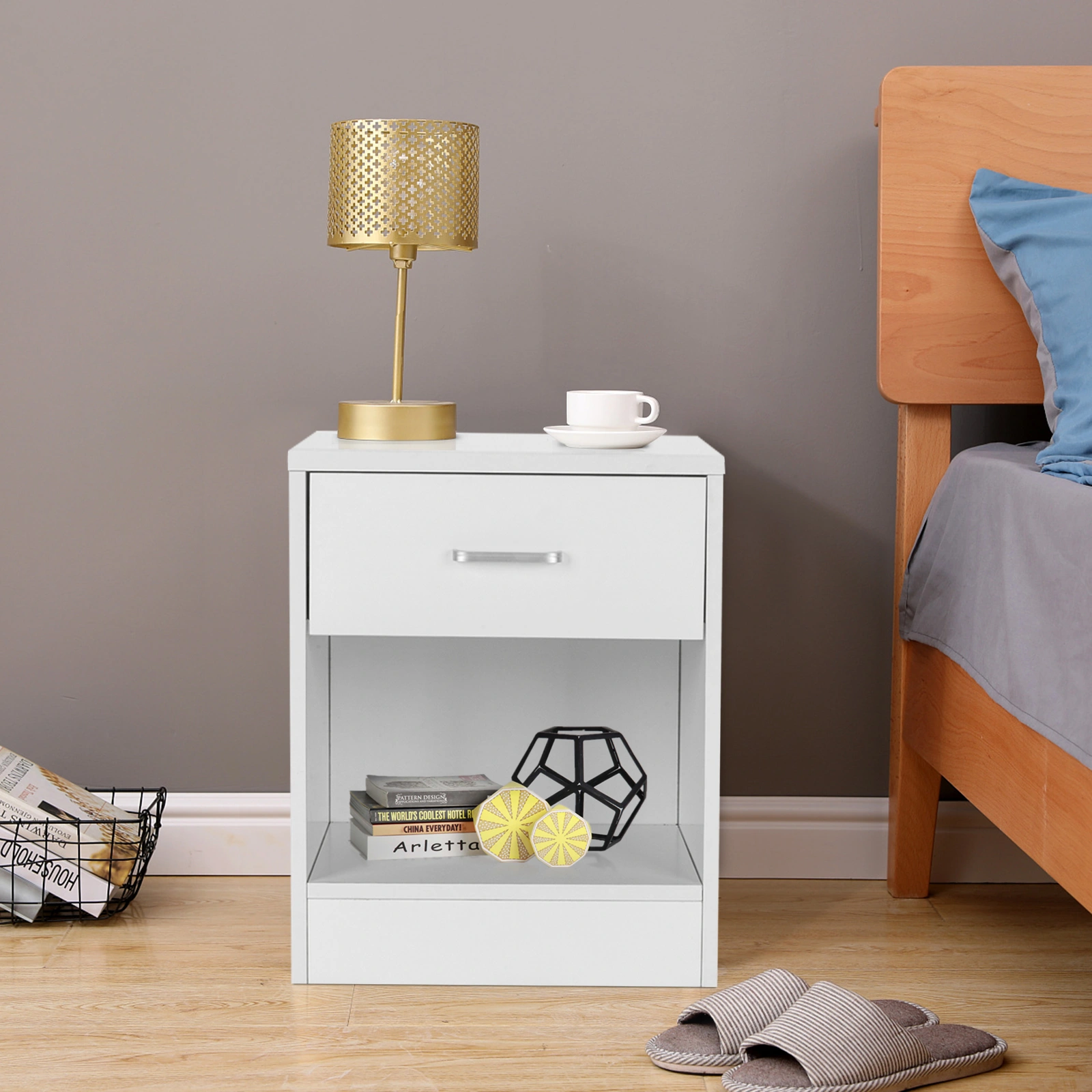 2 Piece White Nightstands with Drawer, Modern Bedside Tables view 2