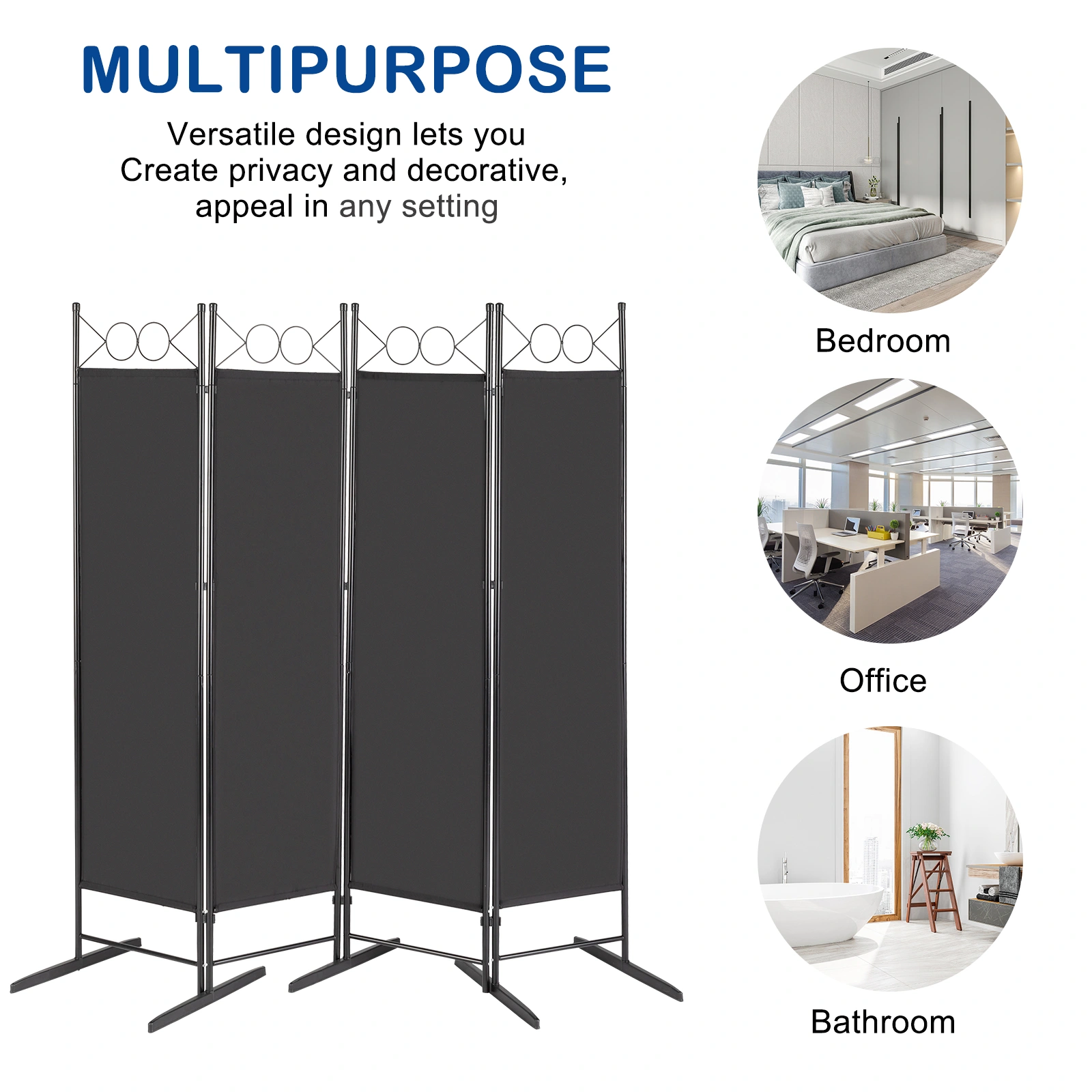 74FT 4-Fold Portable Room Divider Screen, 130g Polyester Panel, Carbon Steel Frame, Plastic Feet, Black view 2