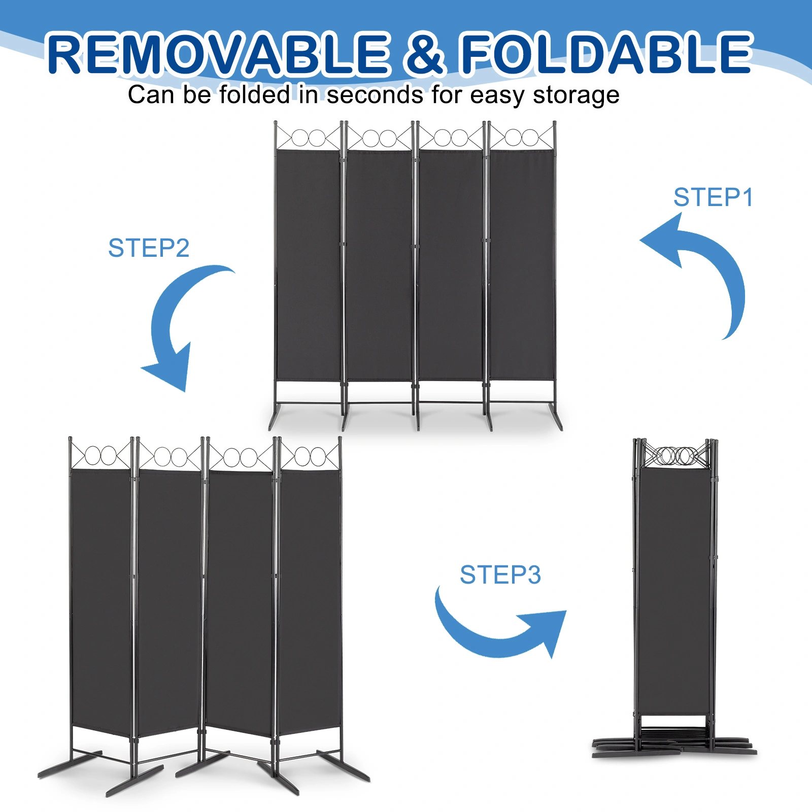 74FT 4-Fold Portable Room Divider Screen, 130g Polyester Panel, Carbon Steel Frame, Plastic Feet, Black view 3