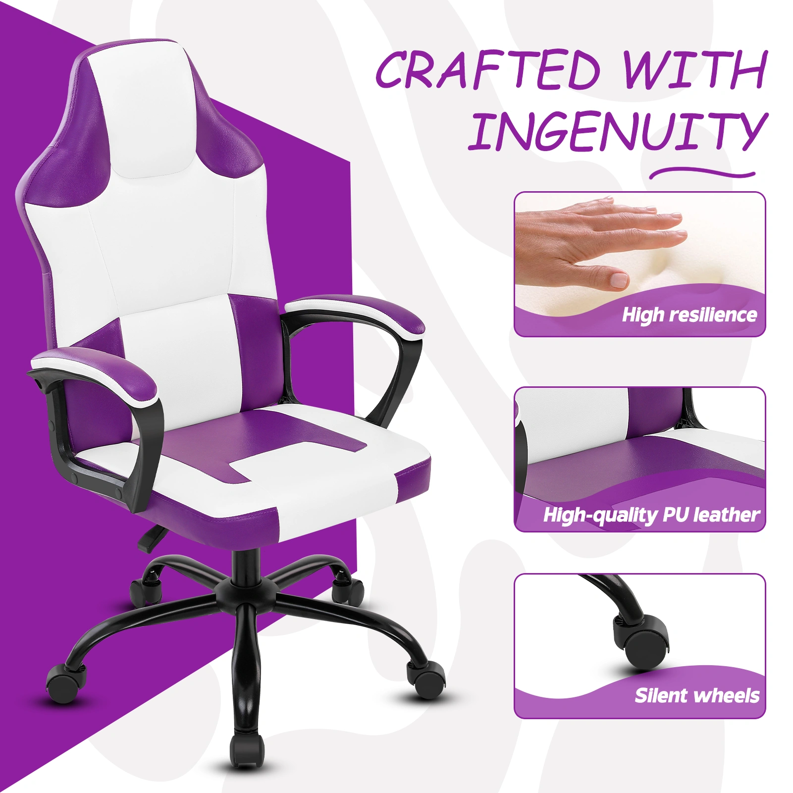 Gaming Chair Breathable PU Leather, Racing E-Sport Chair Height Adjustable Swivel Seat, Computer Desk Chair for Adults & Teenagers, Purple view 3