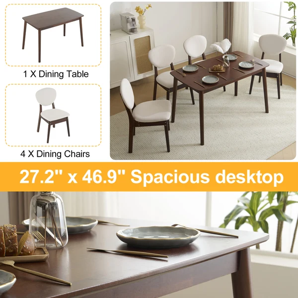 Rubber wood soft bag deep walnut dining table and chair set 1 table 4 chairs beige cushion rectangular view 3