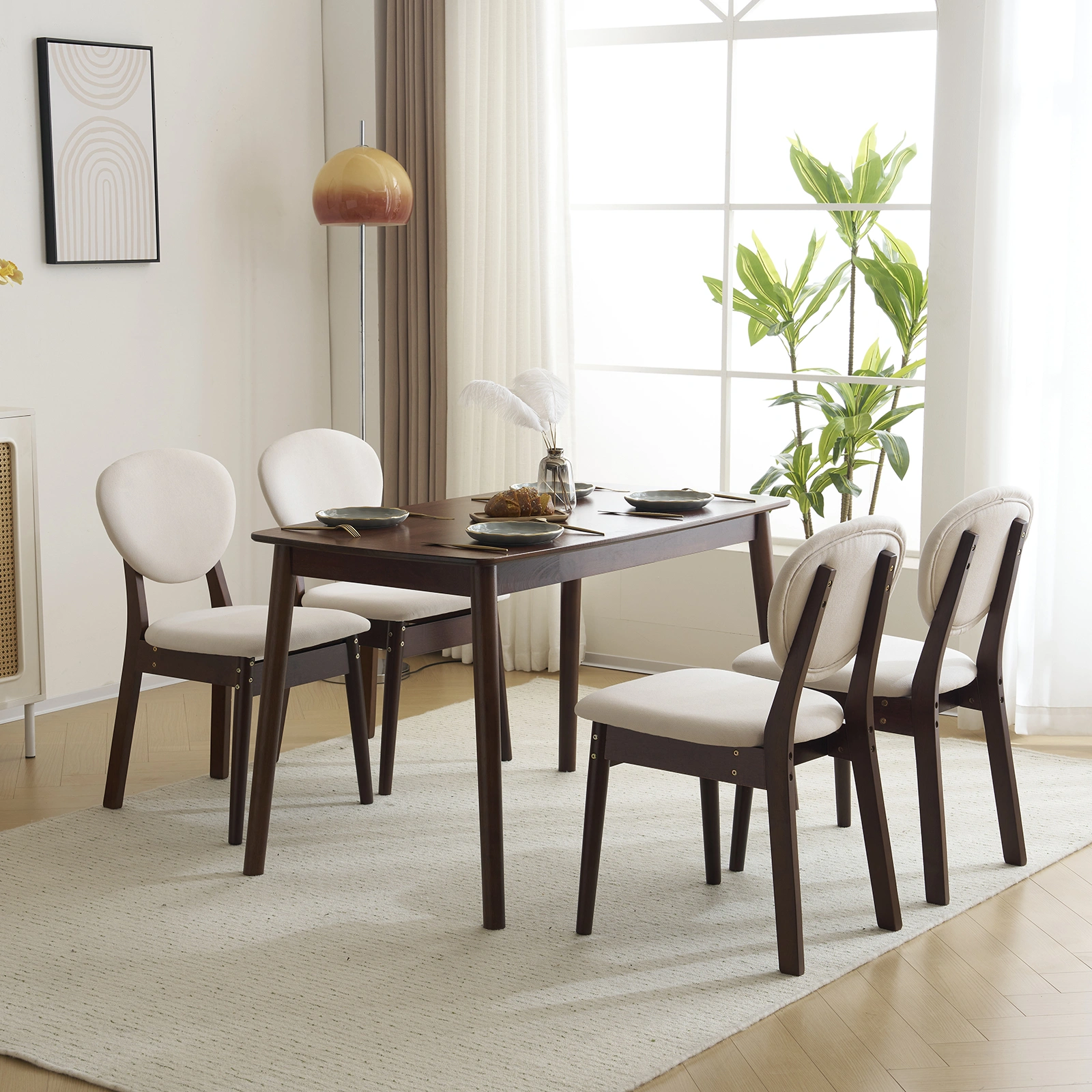 Rubber wood soft bag deep walnut dining table and chair set 1 table 4 chairs beige cushion rectangular view 22