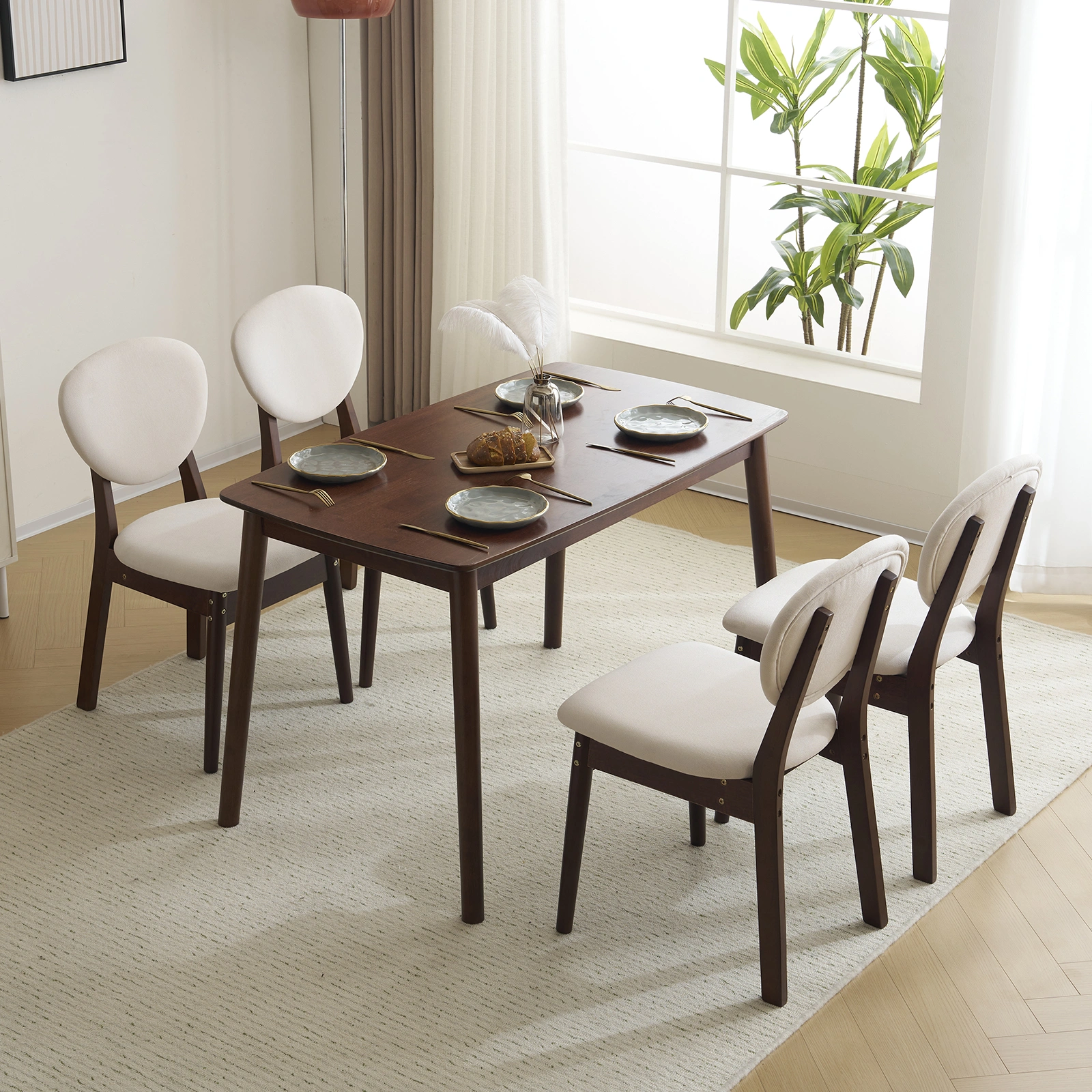 Rubber wood soft bag deep walnut dining table and chair set 1 table 4 chairs beige cushion rectangular view 23