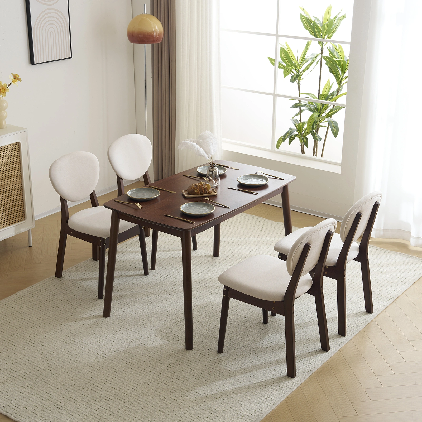 Rubber wood soft bag deep walnut dining table and chair set 1 table 4 chairs beige cushion rectangular view 24