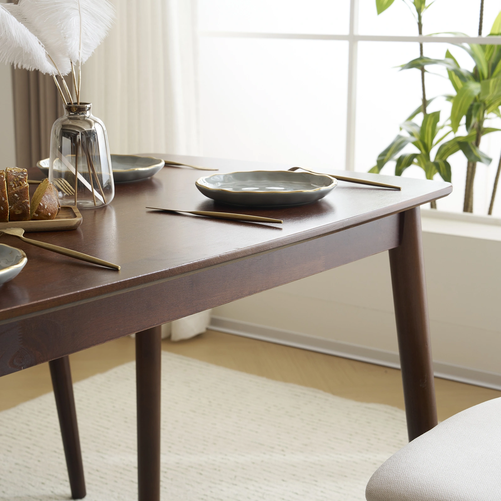 Rubber wood soft bag deep walnut dining table and chair set 1 table 4 chairs beige cushion rectangular view 29