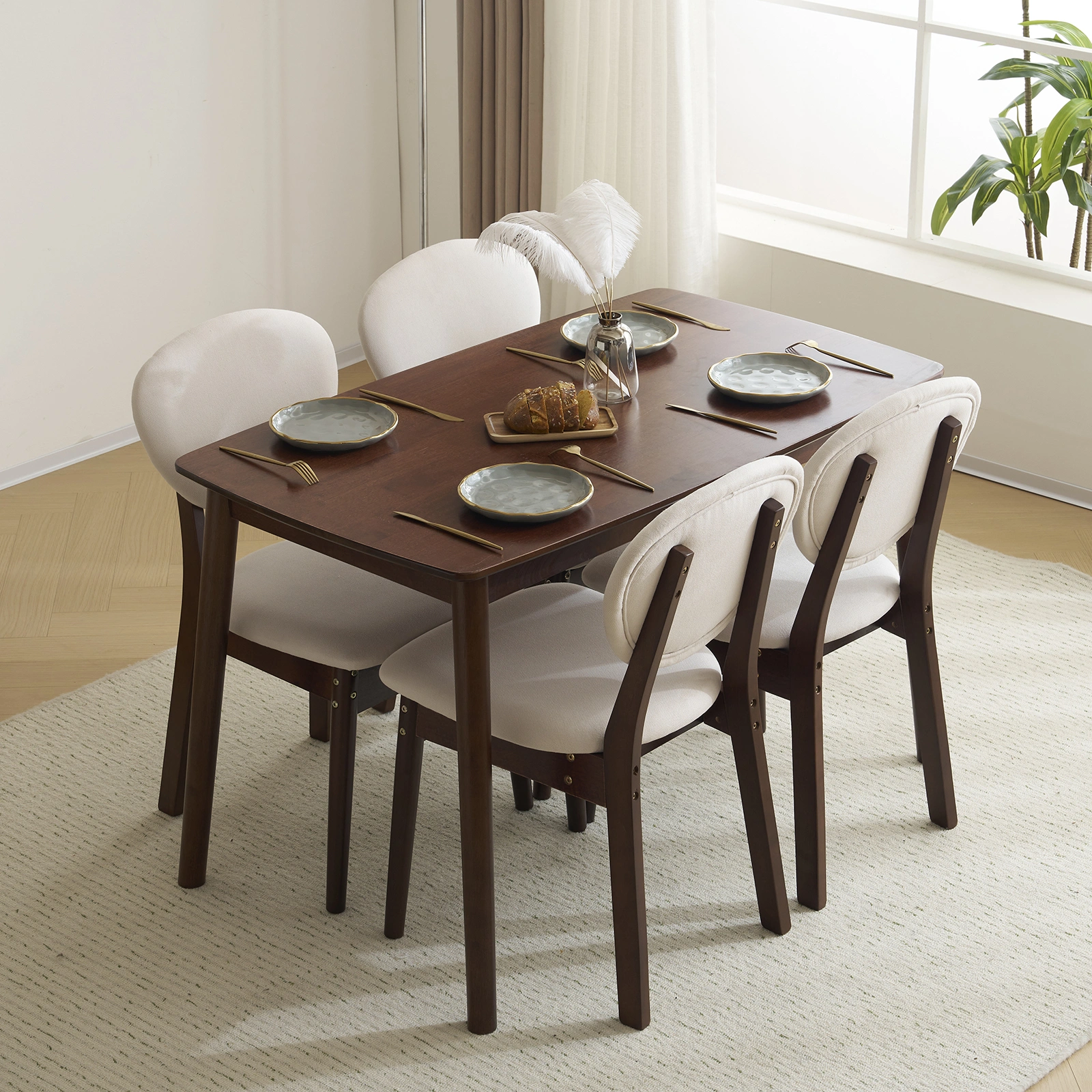Rubber wood soft bag deep walnut dining table and chair set 1 table 4 chairs beige cushion rectangular view 35