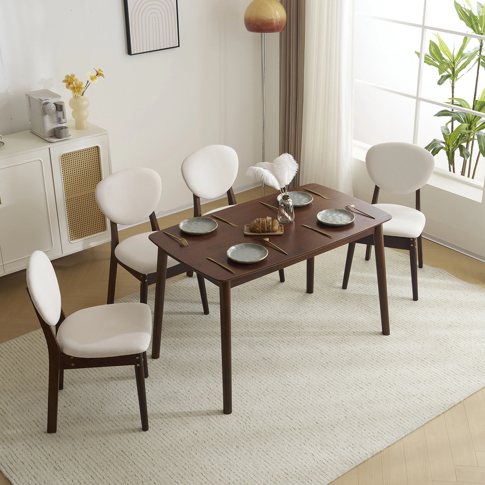 Rubber wood soft bag deep walnut dining table and chair set 1 table 4 chairs beige cushion rectangular view 38