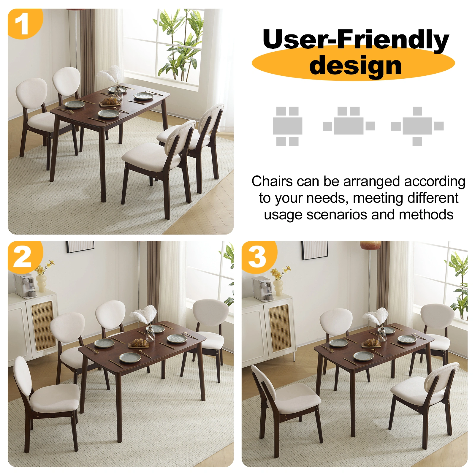 Rubber wood soft bag deep walnut dining table and chair set 1 table 4 chairs beige cushion rectangular view 5
