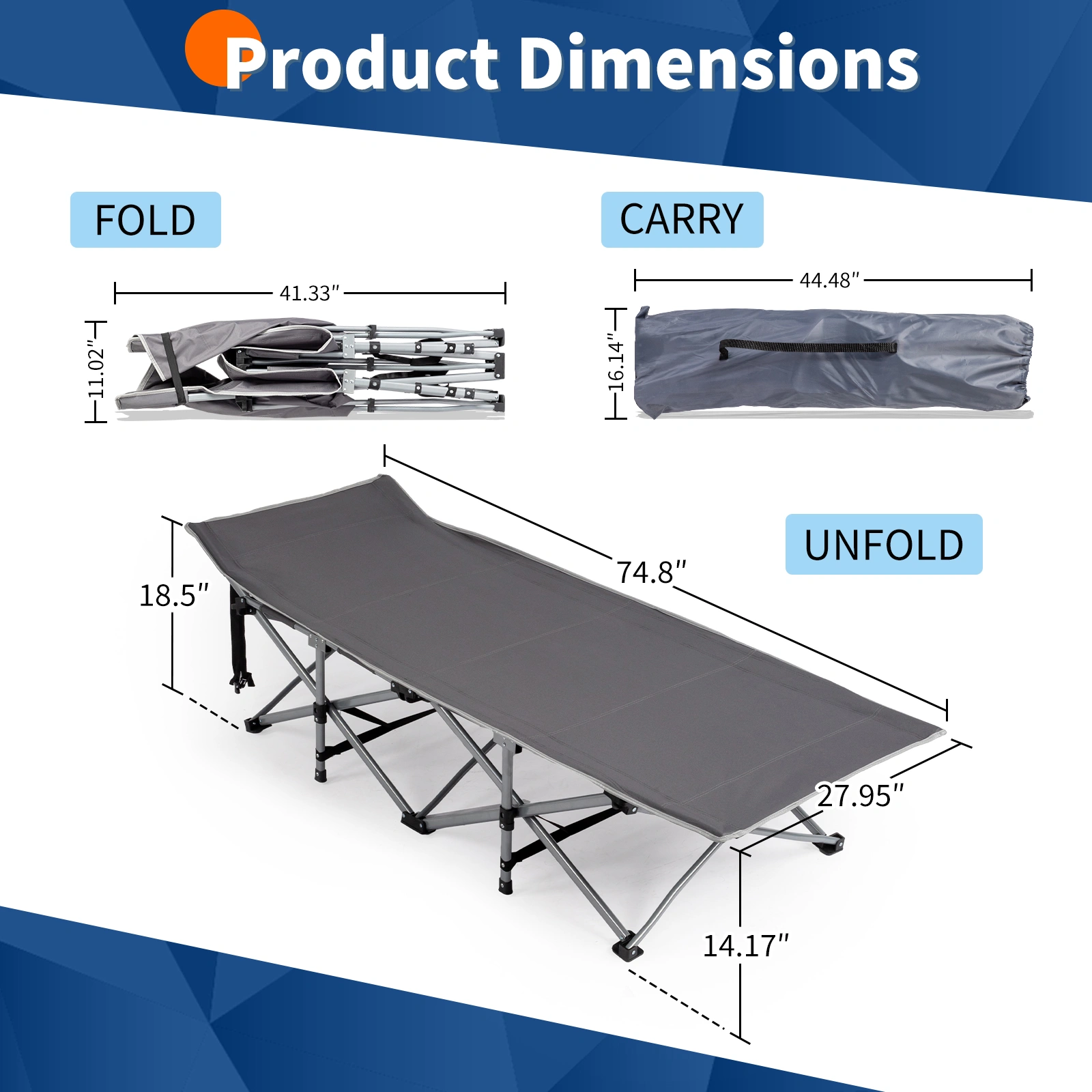 Folding Camping Cot Bed with Soft Pad, Portable Outdoor Cot for Adults, Gray, for Home Office, Beach, Travel view 2