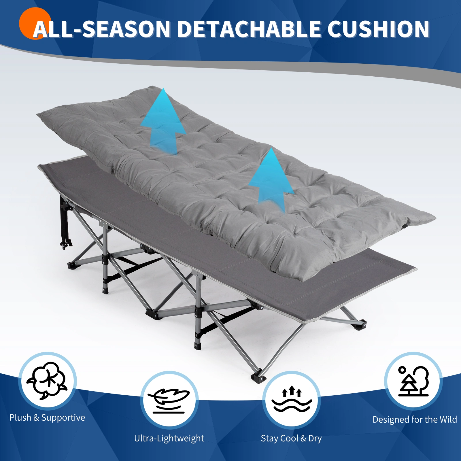 Folding Camping Cot Bed with Soft Pad, Portable Outdoor Cot for Adults, Gray, for Home Office, Beach, Travel view 5