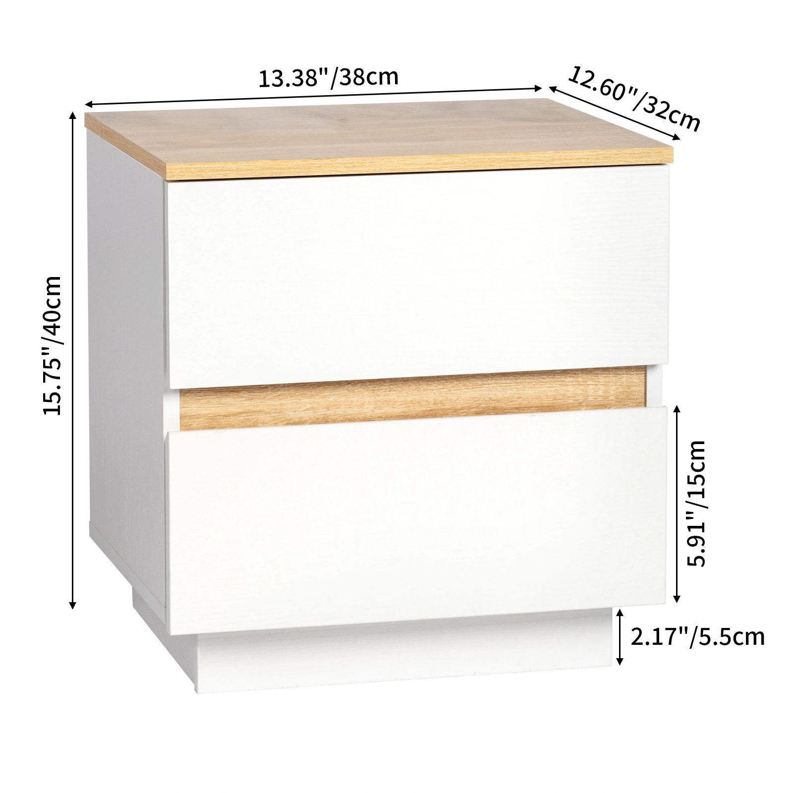 1pc 2-Drawer Bedside Table, 38×32×40cm Night Stand, 12mm E1 Particleboard, White & Oak Embossed, Handle-Free Design view 3
