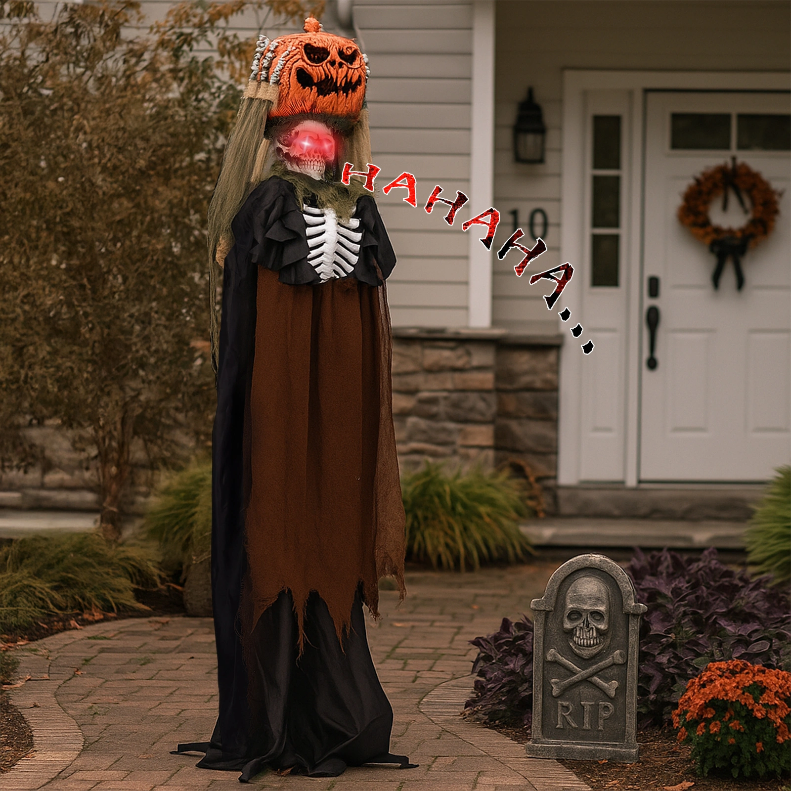 5.6ft Halloween Decorations Outdoor Life Size Animatronics Ghost with Pumpkin Head, Sound-Actived Party Decor with Creepy Sound, Scary Haunted House Props for Garden Yard Lawn view 11