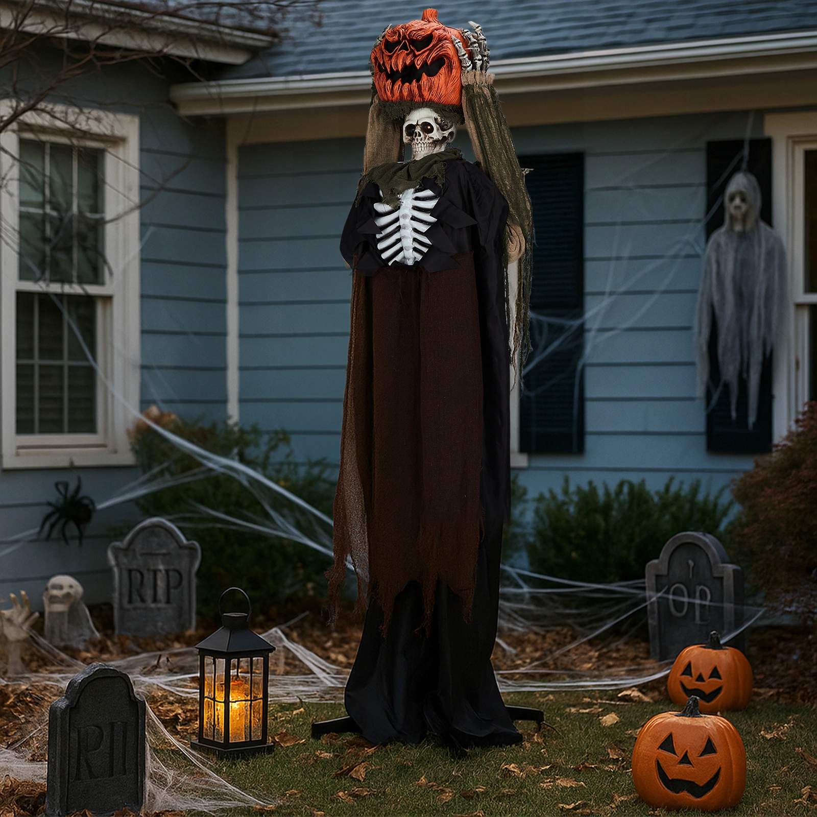 5.6ft Halloween Decorations Outdoor Life Size Animatronics Ghost with Pumpkin Head, Sound-Actived Party Decor with Creepy Sound, Scary Haunted House Props for Garden Yard Lawn view 12