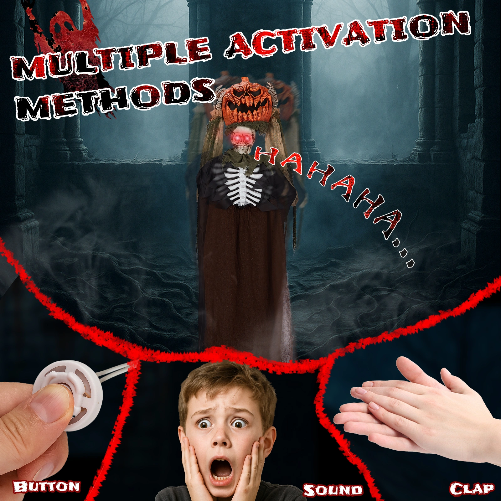 5.6ft Halloween Decorations Outdoor Life Size Animatronics Ghost with Pumpkin Head, Sound-Actived Party Decor with Creepy Sound, Scary Haunted House Props for Garden Yard Lawn view 6