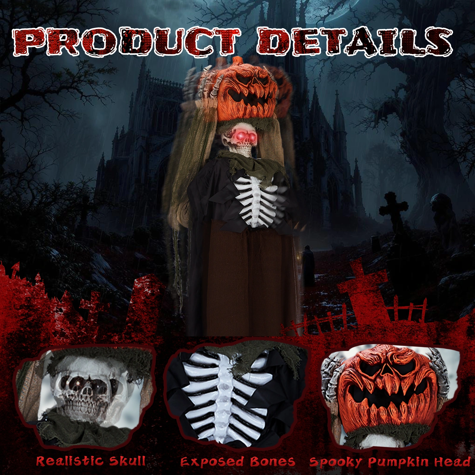 5.6ft Halloween Decorations Outdoor Life Size Animatronics Ghost with Pumpkin Head, Sound-Actived Party Decor with Creepy Sound, Scary Haunted House Props for Garden Yard Lawn view 8