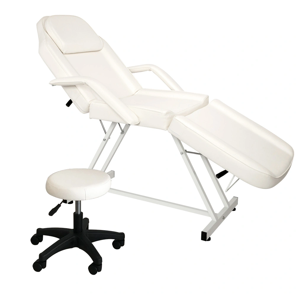 73in Beauty Bed with PVC Leather & Iron Frame, Adjustable Backrest & Leg Angle, Reclining Salon Table with Small Stool, White