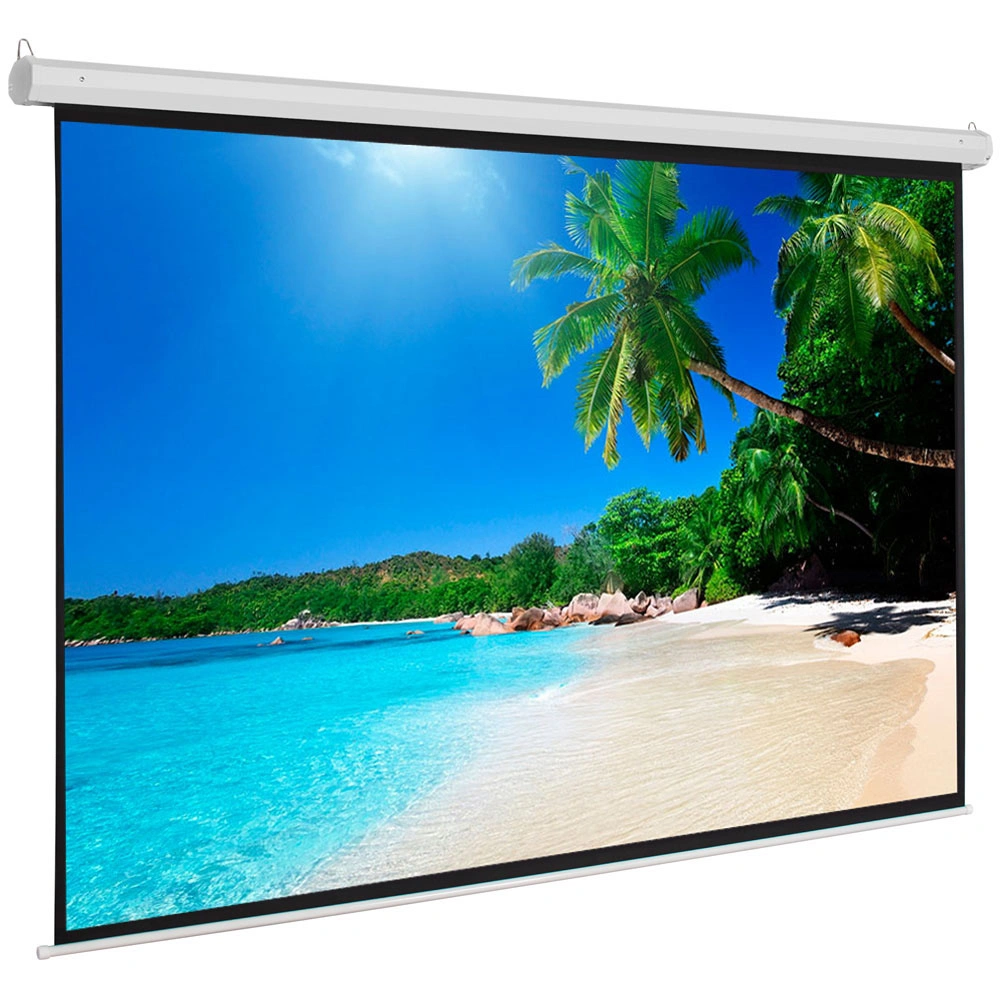UK Plug 100 Inch 16:9 Pull Down Projector Screen, Manual Self-Locking Warp Knitted White Projection Screen with Screw Hooks