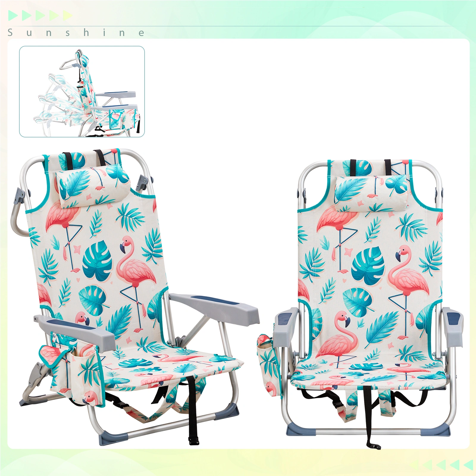 63*65*82cm Short Oxford Cloth Silver White Aluminum Tube Bearing 100kg Beach Chair Flamingo view 13
