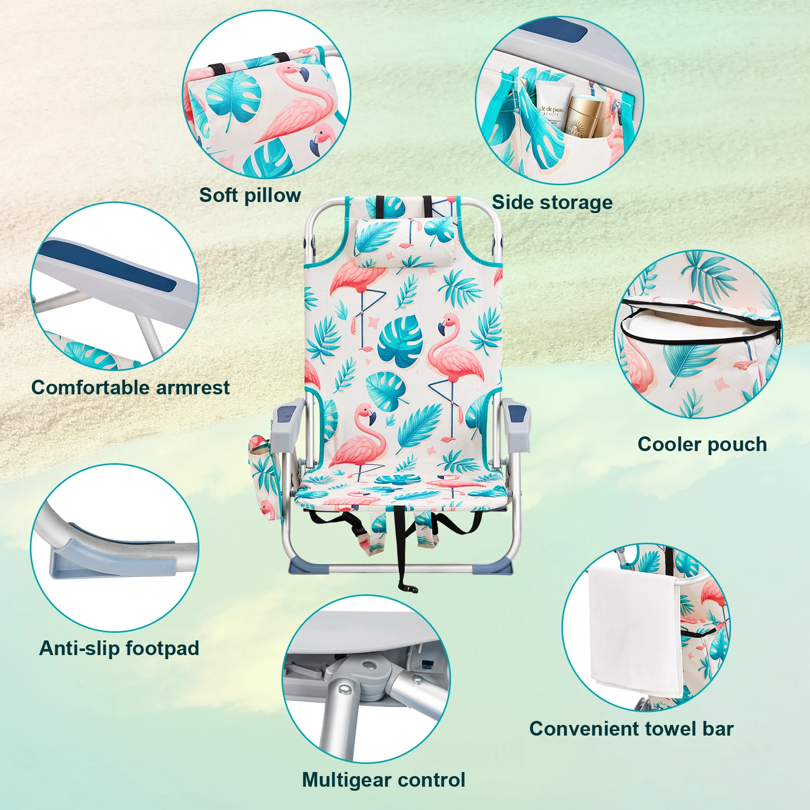 63*65*82cm Short Oxford Cloth Silver White Aluminum Tube Bearing 100kg Beach Chair Flamingo view 16