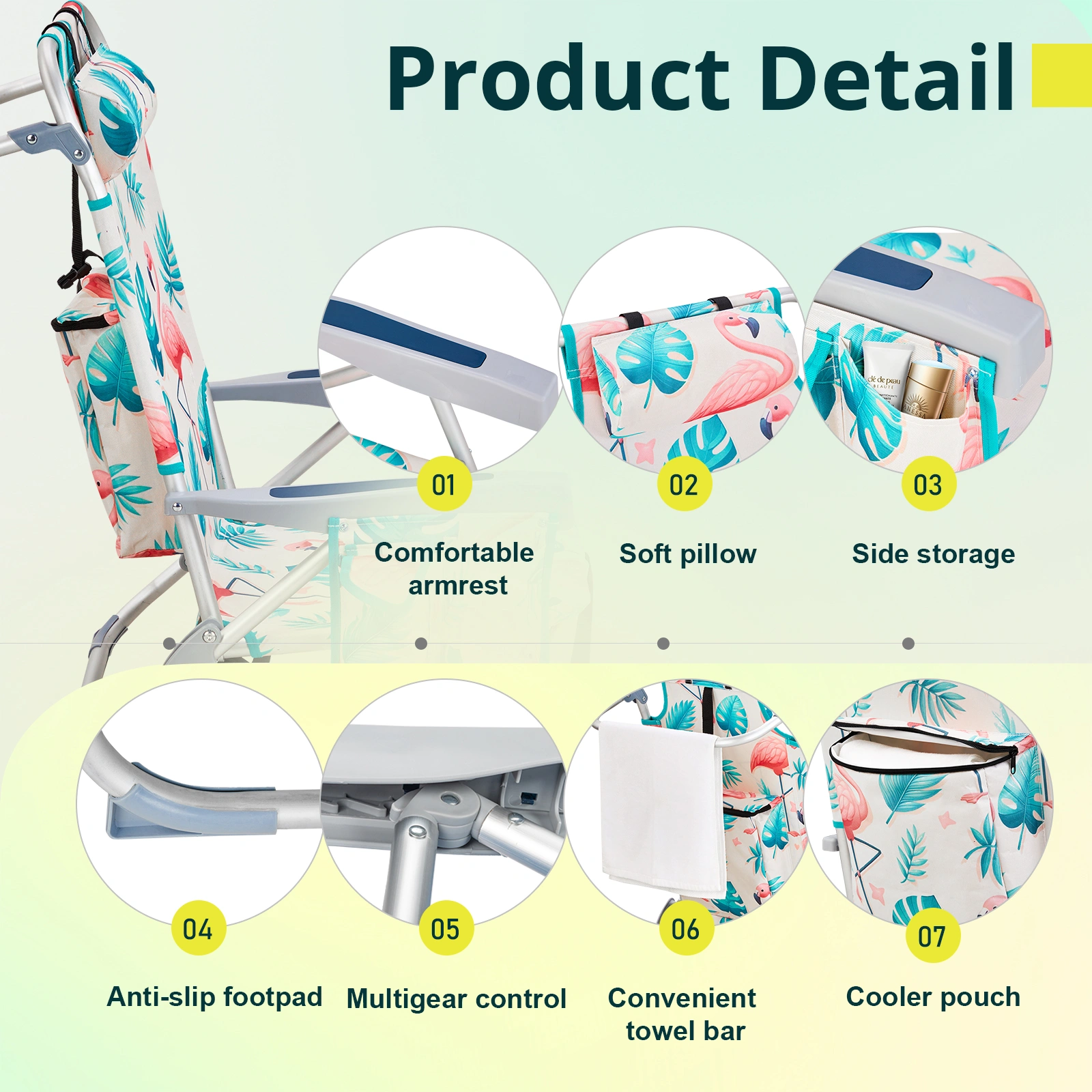 63*65*82cm Short Oxford Cloth Silver White Aluminum Tube Bearing 100kg Beach Chair Flamingo view 17