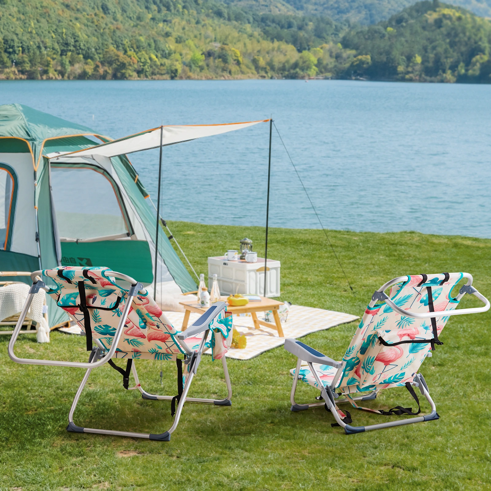 63*65*82cm Short Oxford Cloth Silver White Aluminum Tube Bearing 100kg Beach Chair Flamingo view 18
