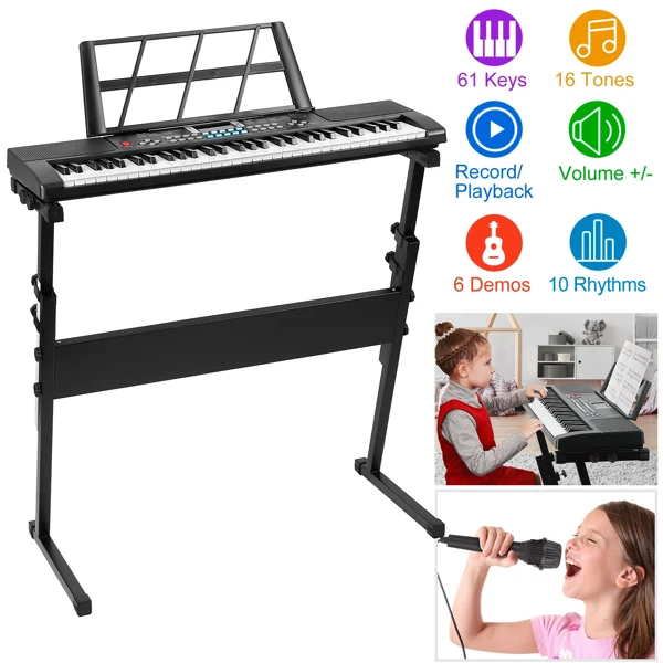 61 Key Kids Piano Toy with Adjustable Stand & Microphone - Multifunctional Electronic Keyboard with 16 Tones, 10 Rhythms, Recording & HD Screen, Educational Music Toy for Boys Girls Birthday Christmas Gift