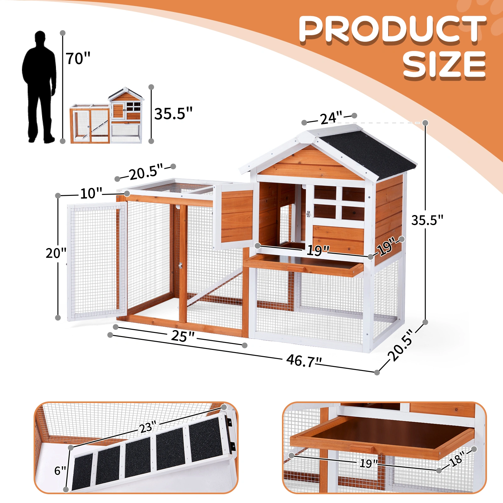 Wooden Rabbit Hutch Outdoor Indoor Chicken Coop Bunny Cage with Run Guinea Pig Pet House, Orange Pull-Out Tray