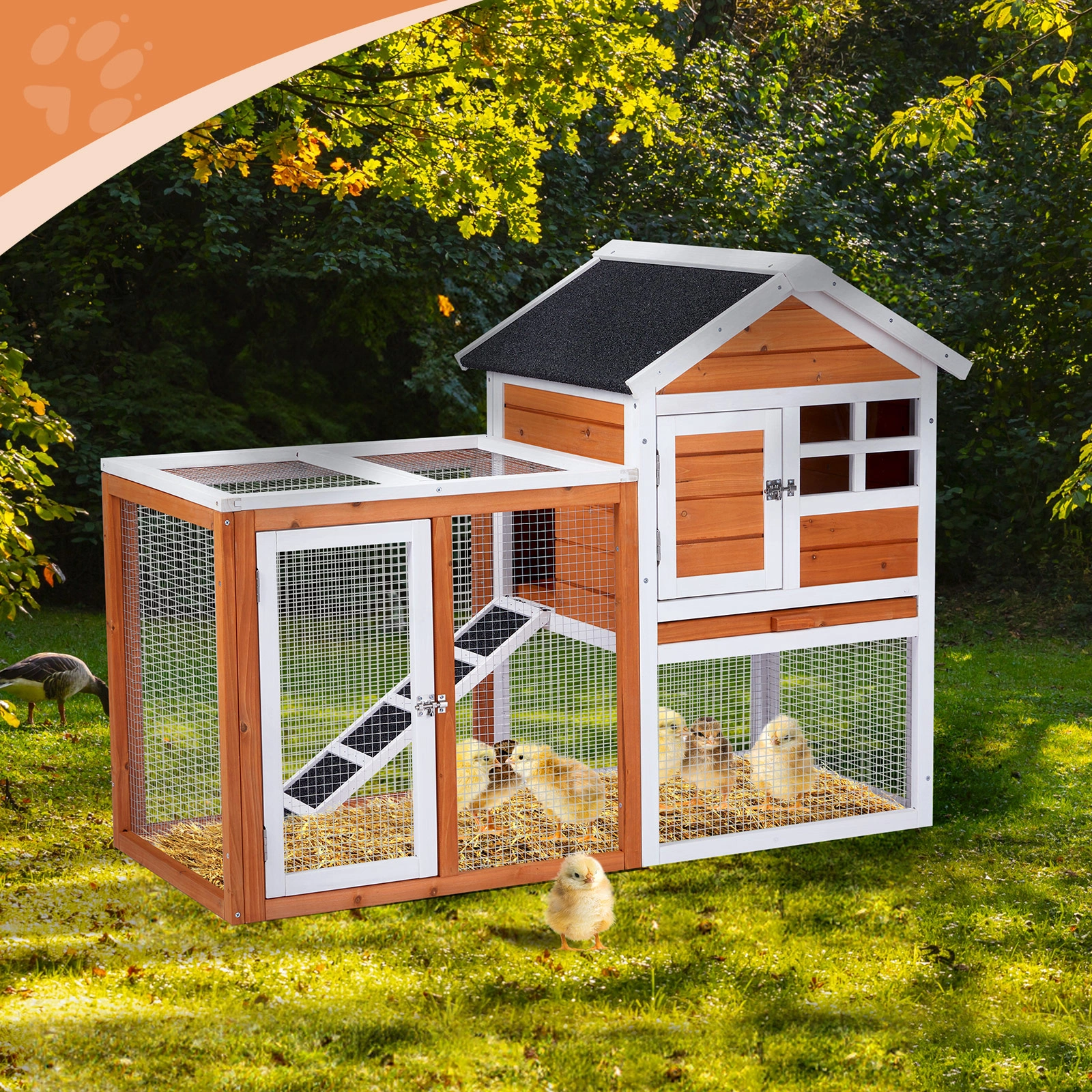 Wooden Rabbit Hutch Outdoor Indoor Chicken Coop Bunny Cage with Run Guinea Pig Pet House, Orange Pull-Out Tray view 10