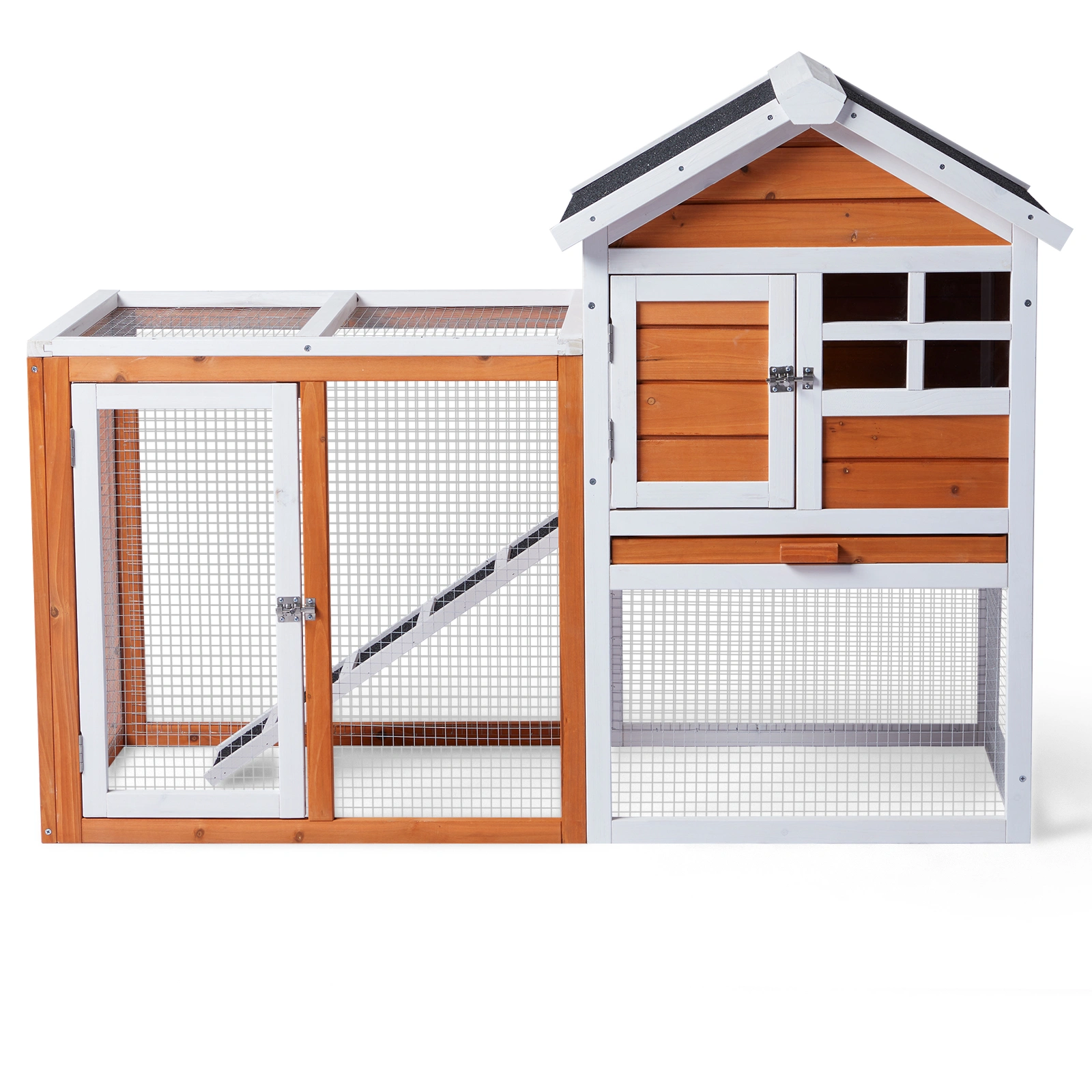 Wooden Rabbit Hutch Outdoor Indoor Chicken Coop Bunny Cage with Run Guinea Pig Pet House, Orange Pull-Out Tray view 12