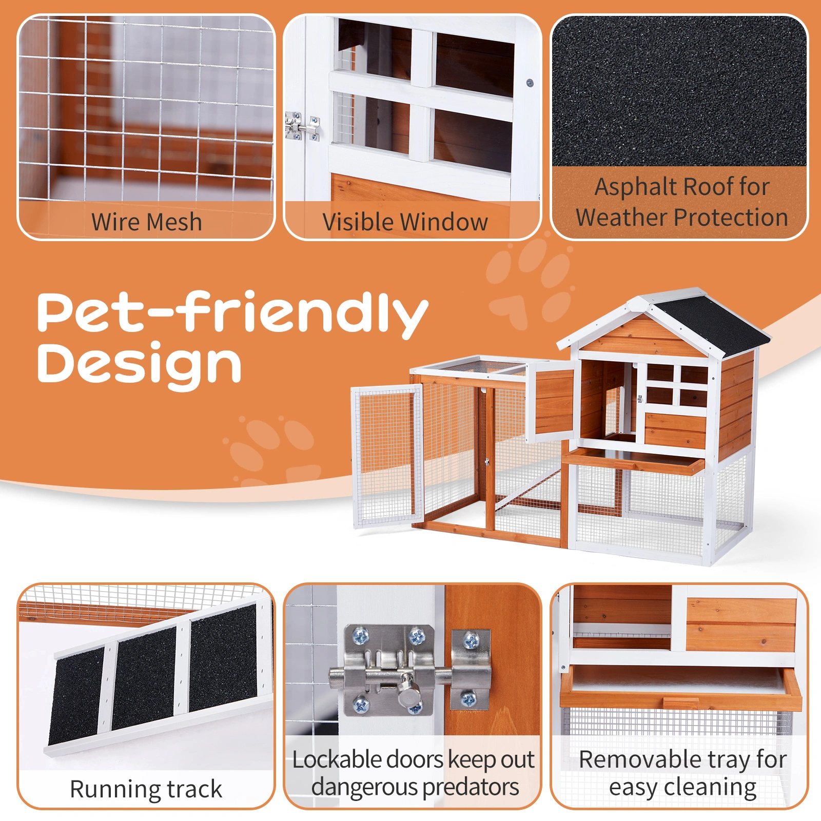 Wooden Rabbit Hutch Outdoor Indoor Chicken Coop Bunny Cage with Run Guinea Pig Pet House, Orange Pull-Out Tray view 14