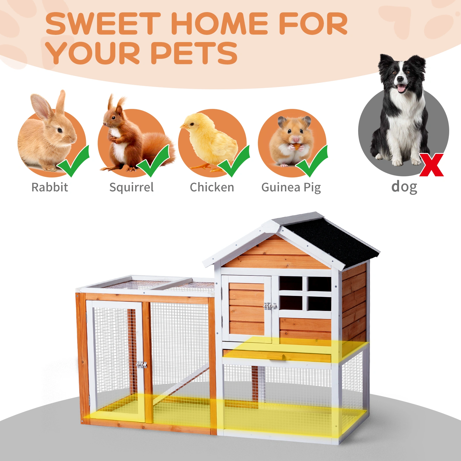 Wooden Rabbit Hutch Outdoor Indoor Chicken Coop Bunny Cage with Run Guinea Pig Pet House, Orange Pull-Out Tray view 19