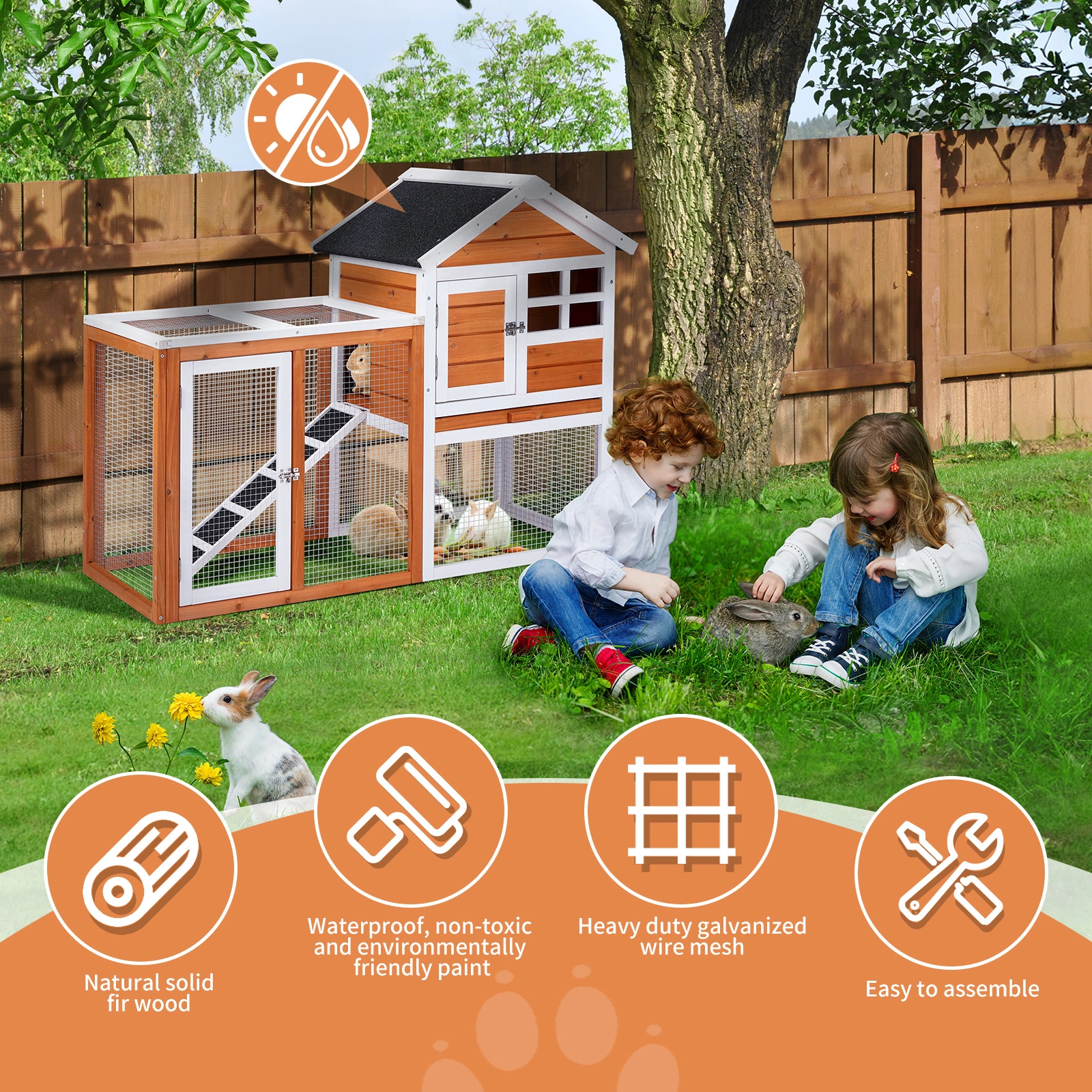 Wooden Rabbit Hutch Outdoor Indoor Chicken Coop Bunny Cage with Run Guinea Pig Pet House, Orange Pull-Out Tray view 4