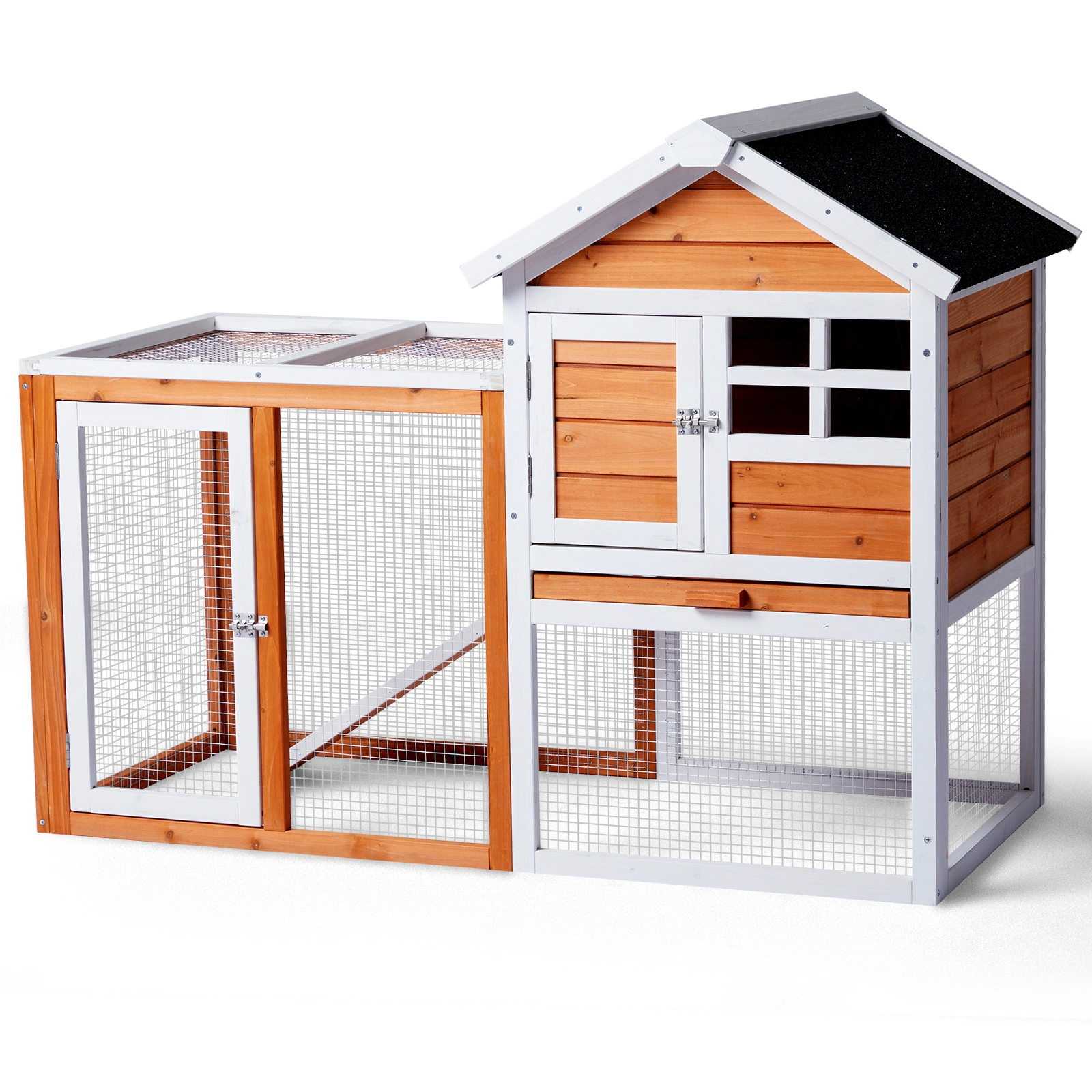 Wooden Rabbit Hutch Outdoor Indoor Chicken Coop Bunny Cage with Run Guinea Pig Pet House, Orange Pull-Out Tray view 8