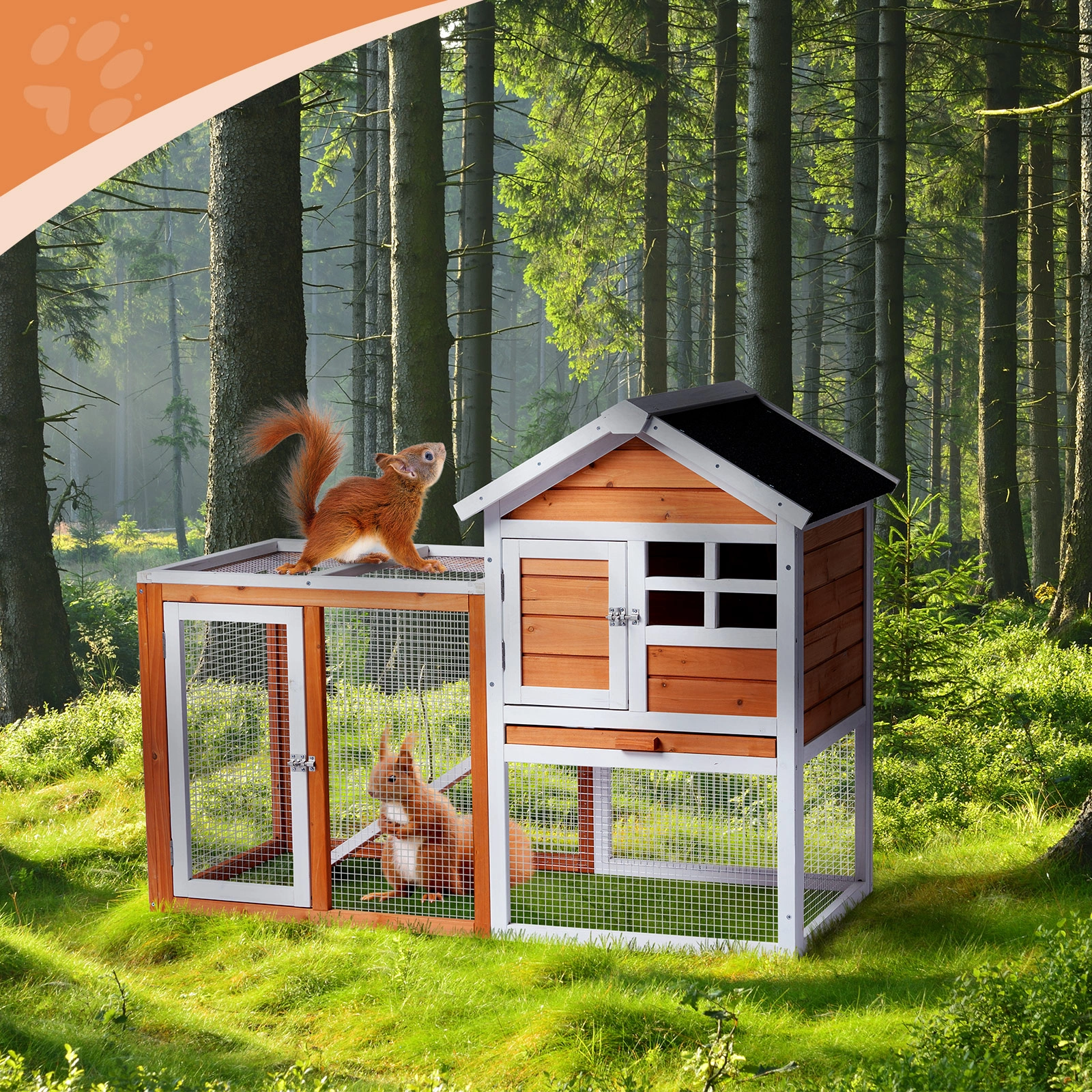 Wooden Rabbit Hutch Outdoor Indoor Chicken Coop Bunny Cage with Run Guinea Pig Pet House, Orange Pull-Out Tray view 9